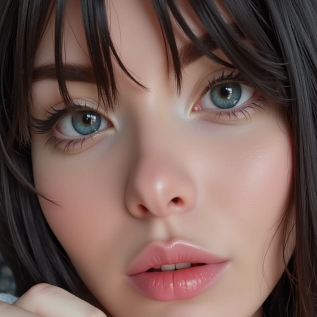 Big eyes, beautyful eyes, small nose, thin lips,