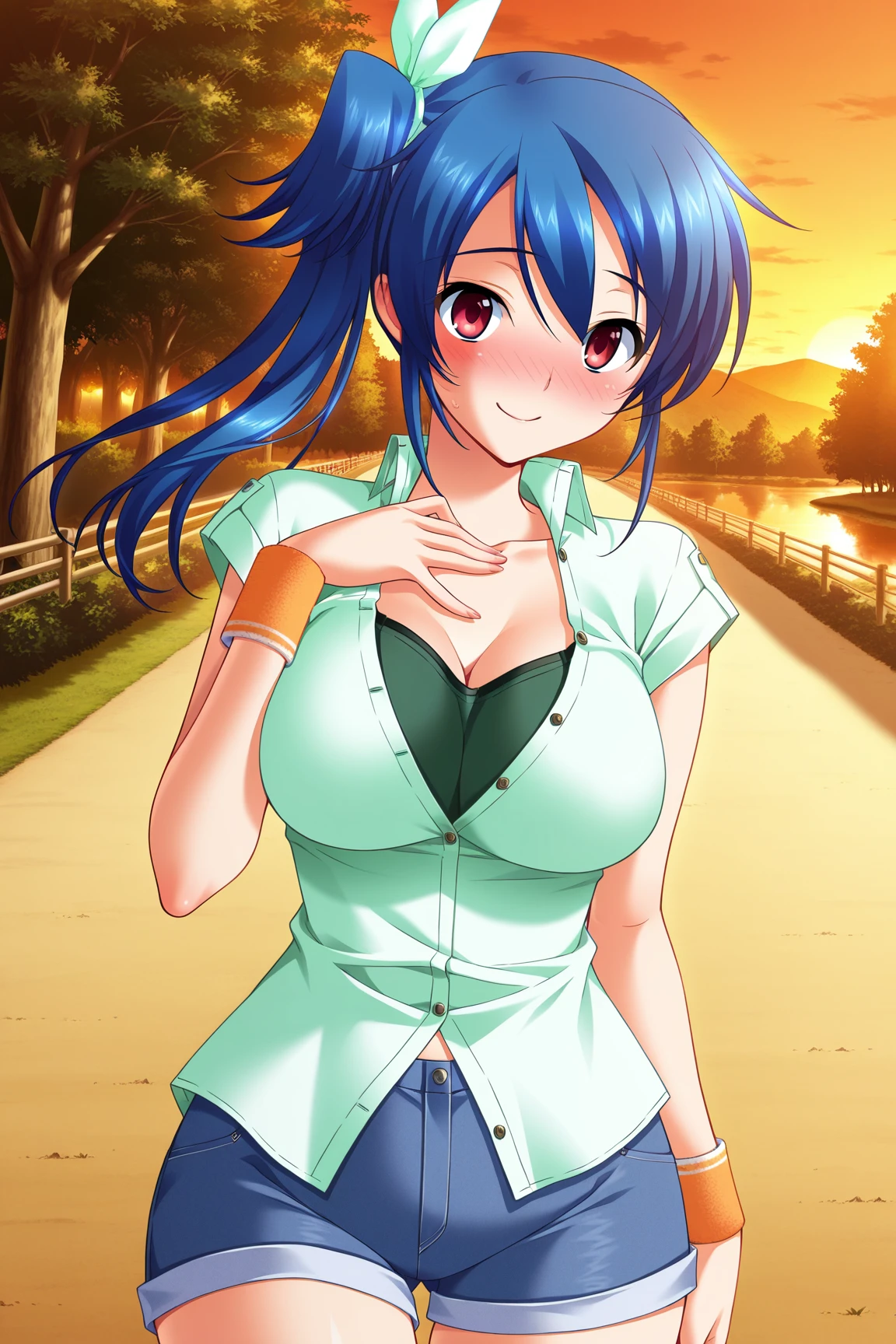 (masterpiece, best quality, game cg,highly_detailed,extremely_detailed_CG_unity_8k_wallpaper,illustration,highres,absurdres:1.2),1girl,solo,<lora:Natsukawa_Asami:1>URAAsami,blue hair,bangs,side ponytail,hair ribbon,red eyes,unbuttoned,green shirt,cleavage,short sleeves,wristbands,jeans short,white thighhighs,smiling,ajusting hair,blushing,in love,park,dirt road,,evening,trees,lake,looking at viewer,dutch angle