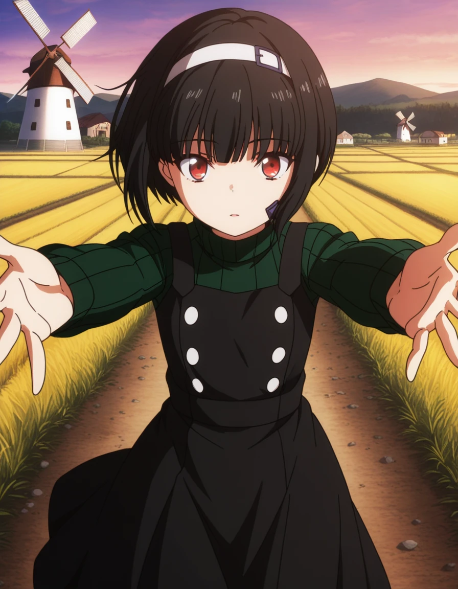 masterpiece, best quality, amazing quality,, <lora:fumiya-kuroba-s2-illustriousxl-lora-nochekaiser:1>, fumiya kuroba, black hair, red eyes, short hair, anime screencap, bangs, dress, hairband, sweater, turtleneck, bob cut, green sweater, black dress,, on back, arm support, arms up, incoming hug, pov, reaching, reaching towards viewer,, windmill, blades, farm, wind, traditional, cowboy shot, solo, looking at viewer,