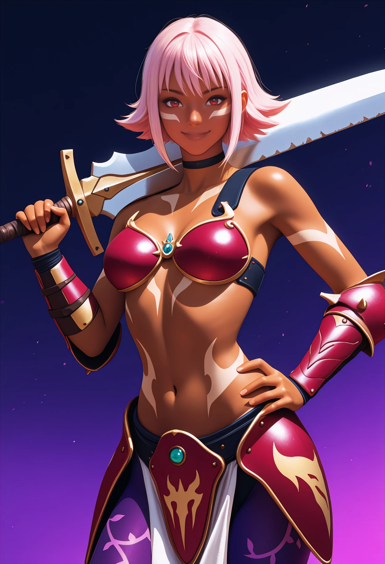 newest, cowboy shot, solo, 1girl, dark-skinned female, facial mark, arm tattoo, stomach tattoo, smile, looking at viewer, standing, hand on own hip, holding sword, weapon over shoulder, short hair, pink hair, red eyes, red armor,  armor, vambraces, faulds, loincloth, purple pantyhose, print pantyhose, black choker, midriff, navel, , abstract background
<segment:yolo-Anzhc Face seg 640 v3 y11n.pt,0.5,0.5//cid=11>