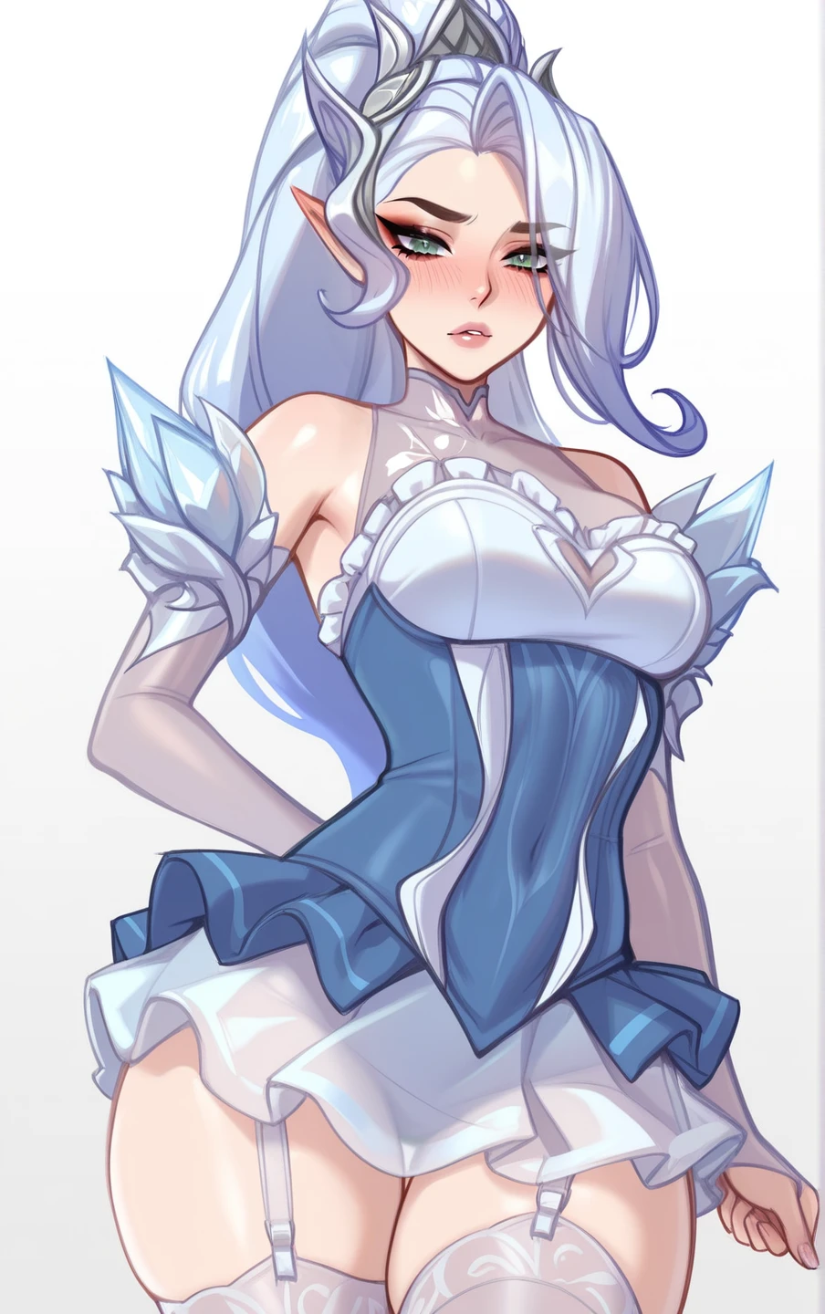 (masterpiece:1.2), best quality, amazing quality, absurdres,
hips, sexy, sexy, horny, <lora:CR_zyra-e100_s1200:1> CR_Zyra, long hair, white hair, icy blue hair, green eyes, eif ears, blue dress, white skirt, translucent details, sleves, stockings, bare shoulders, <lora:BlushySpicy_Style_LoRA_-_Illustrious:1.2> BLU5HY