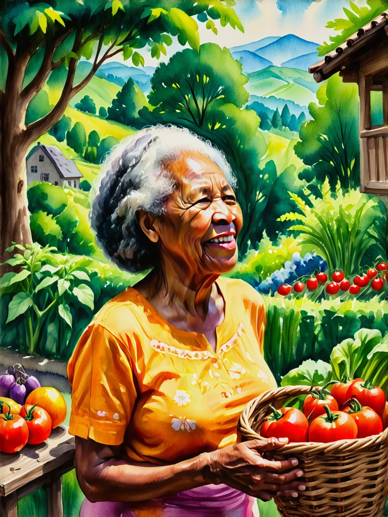 Oil painting style.
Portrait of a Jamaican woman filled with joy. She looks out upon her garden, where vegetables abundantly grow.
pntrlyCE_style