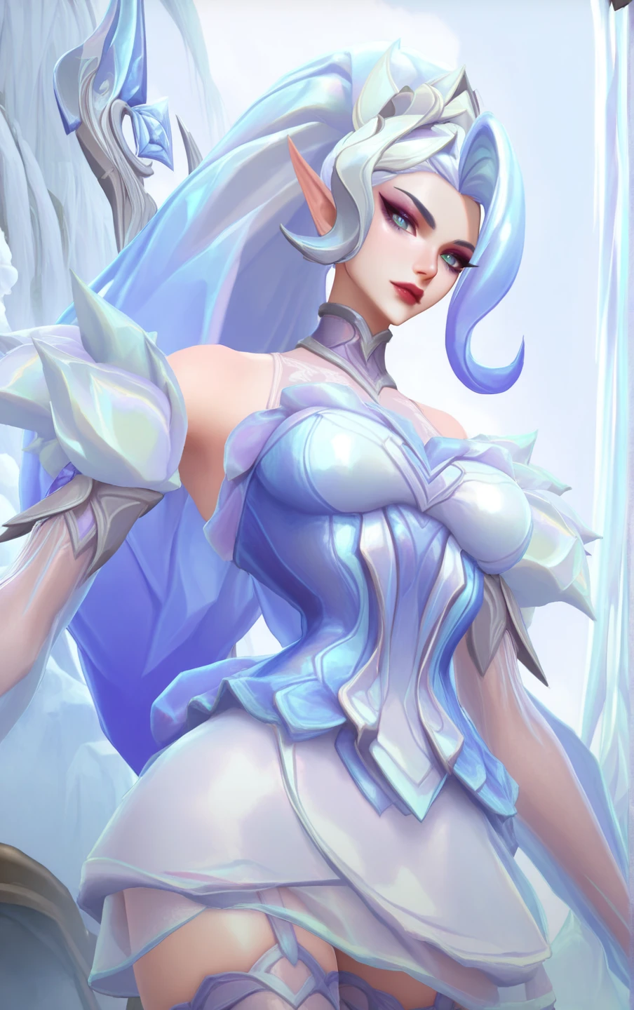 (masterpiece:1.2), best quality, amazing quality, absurdres,
hips, sexy, sexy, horny, <lora:CR_zyra-e100_s1200:1> CR_Zyra, long hair, white hair, icy blue hair, green eyes, eif ears, blue dress, white skirt, translucent details, sleves, stockings, bare shoulders, <lora:Wild Rift StyleIlluLYCO:1.2> 1girl, solo, breasts, looking at viewer, makeup,
