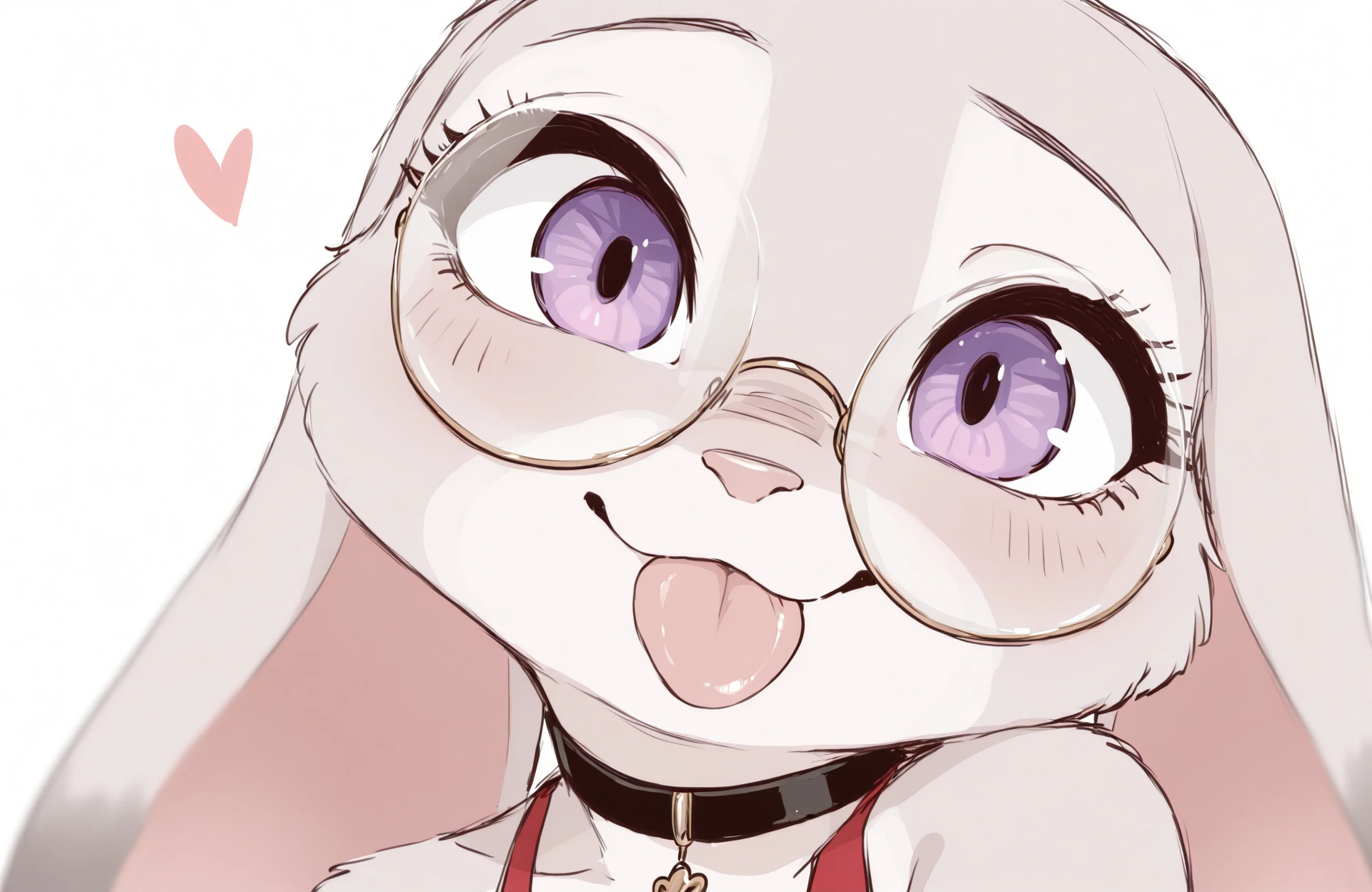 masterpiece, best quality, newest, absurdres, lazypos, solo
JdH00ps-p3np3n, purple eyes, gray fur, dress, 1girl, tongue out, tongue, solo, glasses, round eyewear, looking at viewer, portrait, heart, blurry, :p, black choker
 <lora:Judy-Hopps-penpen-style_il:0.9>