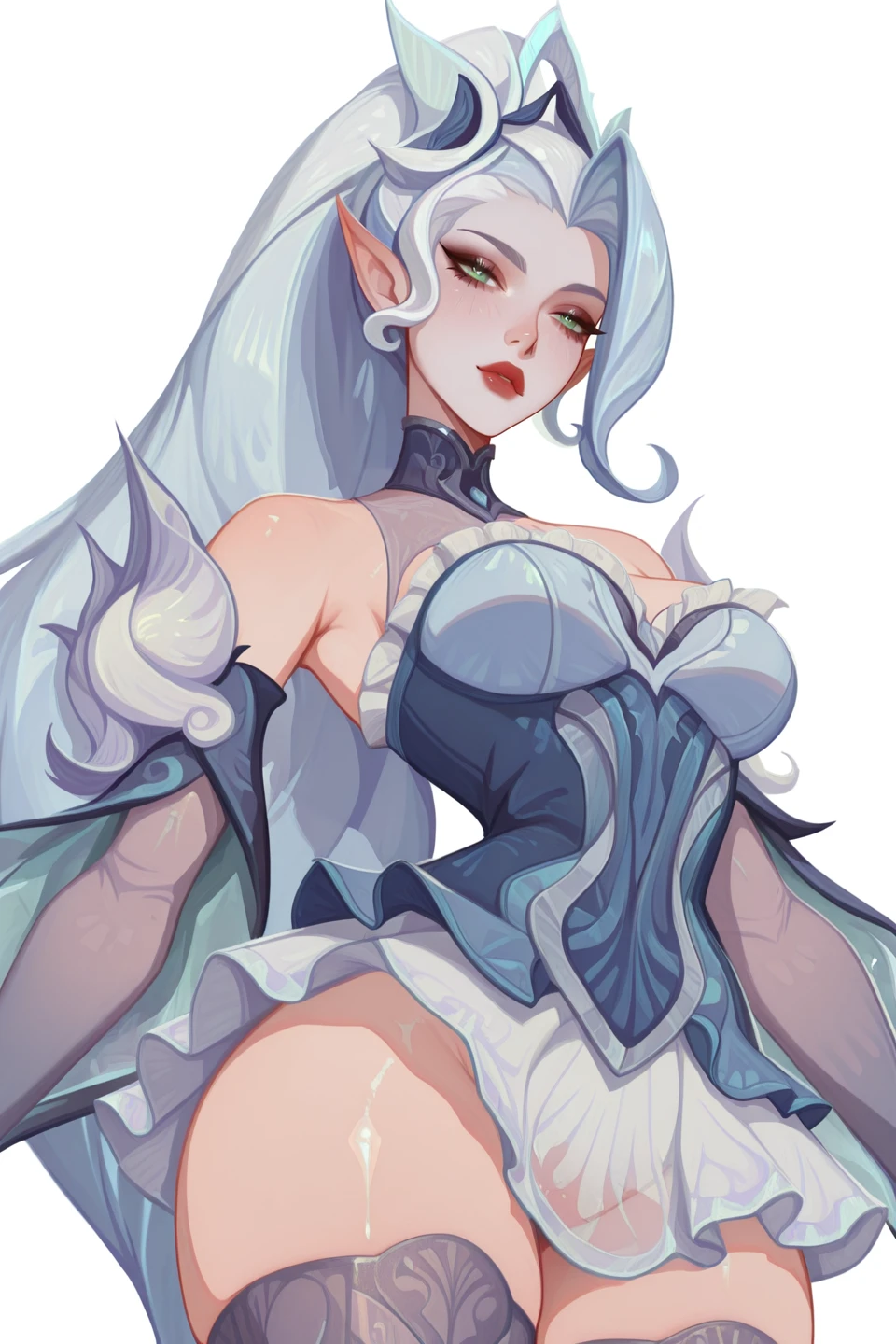 (masterpiece:1.2), best quality, amazing quality, absurdres,
hips, sexy, sexy, horny, <lora:afkJourneyIllustrious2:1.3> afkJourneyStyle, <lora:MoriiMee_Gothic_Niji_Style_Illustrious_r1:0.9> artist:moriimee, sexy face, <lora:CR_zyra-e100_s1200:1> CR_Zyra, long hair, white hair, icy blue hair, green eyes, eif ears, blue dress, white skirt, translucent details, sleves, stockings, bare shoulders,