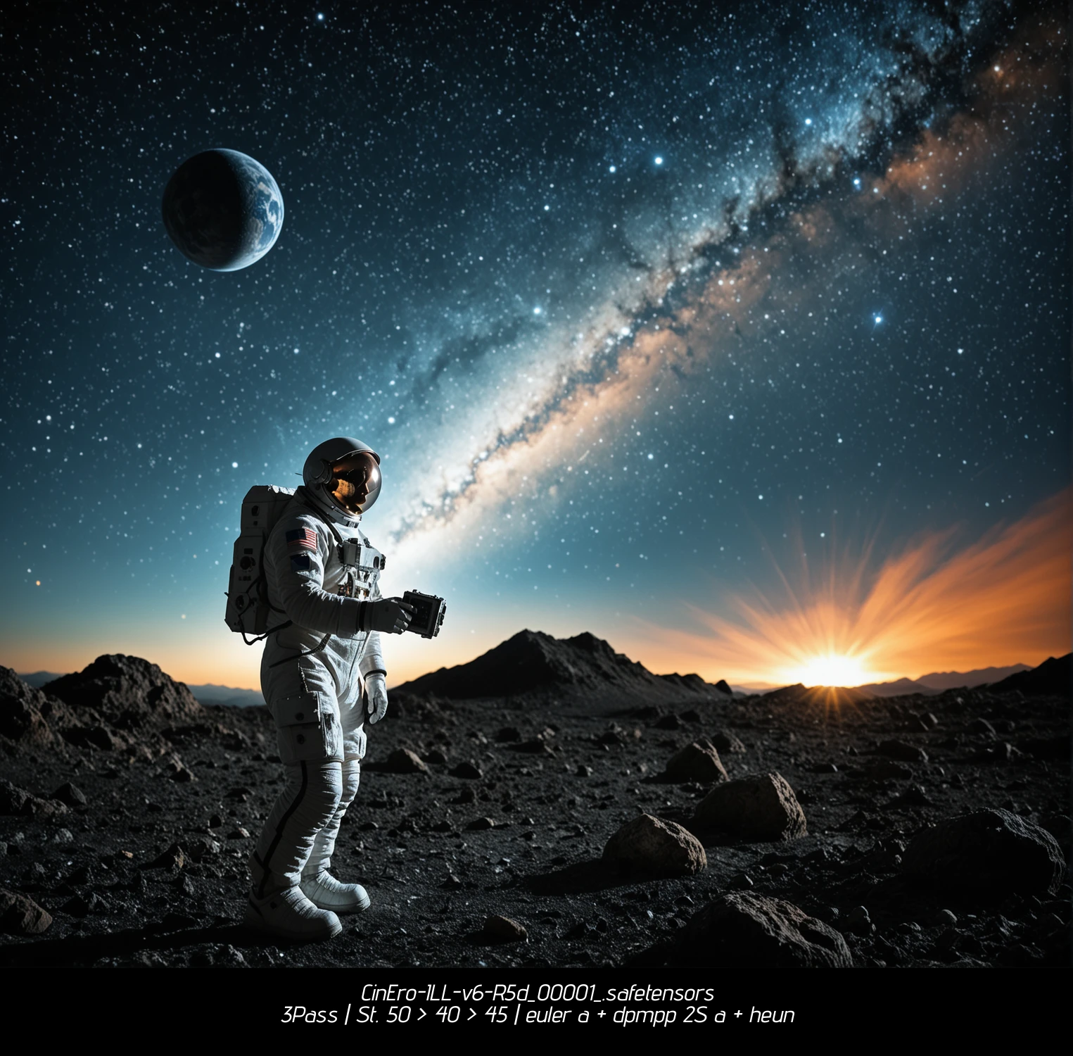 solo, outdoors, sky, cloud, moon, helmet, 1other, star_\(sky\), scenery, rock, planet, ambiguous_gender, spacesuit, space_helmet, astronaut,
In a desolate lunar landscape, a lone astronaut stands at the forefront, their figure silhouetted against the vast expanse of the barren terrain. The astronaut is clad in a white spacesuit, complete with a helmet that obscures their face, adding an air of mystery. Their posture is upright, suggesting a moment of contemplation or readiness.
The ground beneath them is a mosaic of dark, jagged rocks and pebbles, scattered haphazardly across the uneven surface. The rocks vary in size, from small pebbles to larger boulders, each one contributing to the rugged, otherworldly atmosphere of the scene.
In the distance, a massive orange cloud billows into the sky, its vibrant hue contrasting sharply with the cool blue tones of the moon and the dark, star-speckled night above. This cloud appears to be emanating from a distant source, possibly an explosion or a volcanic eruption, adding a dynamic element to the otherwise still landscape.
To the right, towering rocky mountains rise steeply, their peaks reaching towards the sky. The mountains are rugged and jagged, with sharp ridges and crevices that hint at the harsh conditions of this alien world. The sky above is a deep blue, dotted with stars and
score_9, score_8_up, source_photo, photorealistic, bokeh, cinematic still photograph, analog film grain, Selective focus, photorealism, cinematic.
Masterpiece, intricate lines, intriguing atmosphere, sharp magnificent details, delicate features, elaborate details, (2/3 rule composition:0.5), ultra detailed, rembrandt lighting.