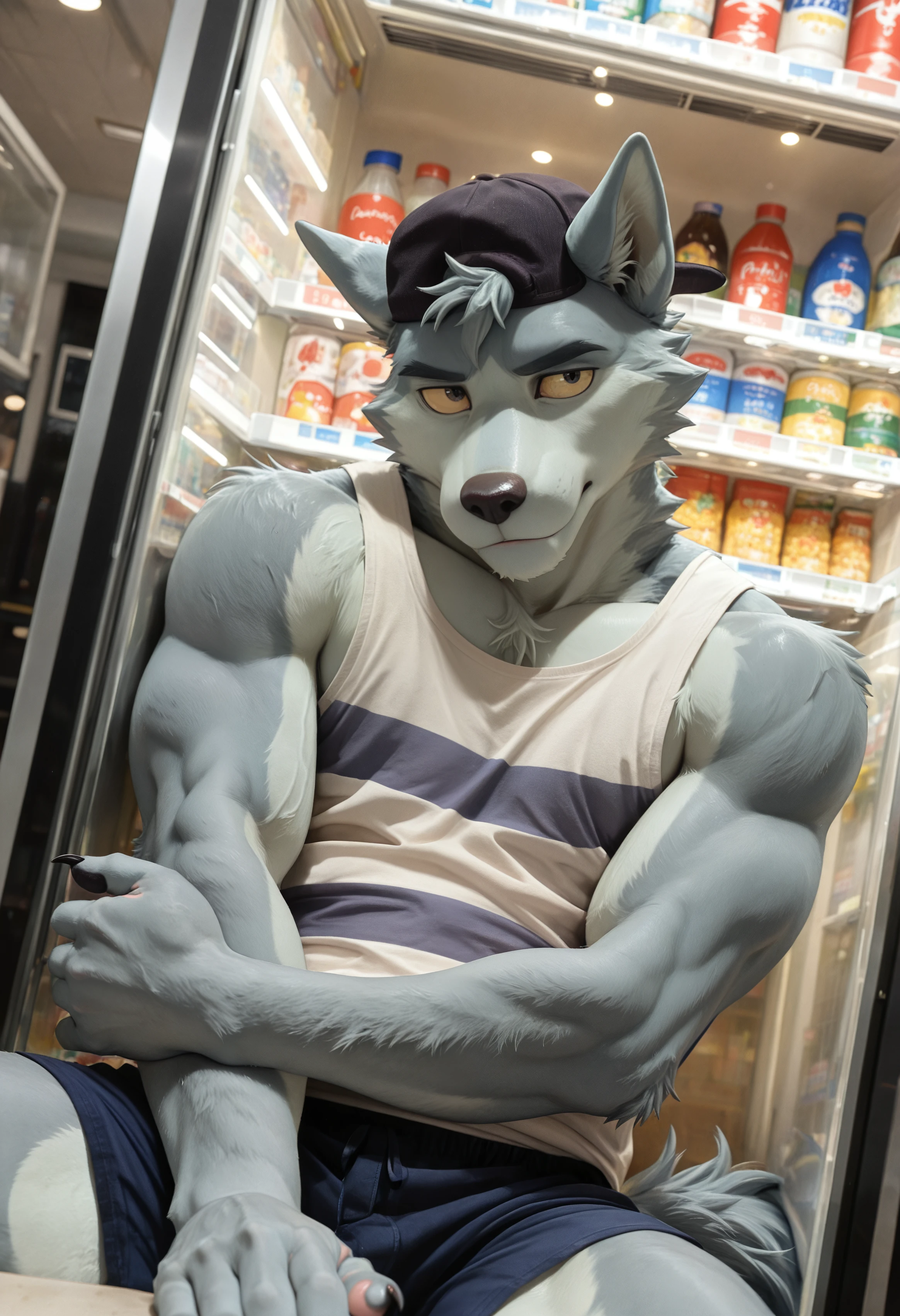 (masterpiece, best quality, very aesthetic, newest, 2024:1.2), (photorealism, photorealistic:1.2), hi res, detailed fur, dutch angle, w0lf_wbb, male focus, furry, furry male, 1boy, animal ears, solo, bara, wolf ears, wolf boy, wolf tail, short hair, body fur, black cap, white tank top, shorts, looking at viewer, yellow sclera, claws, supermarket freezer background, sitting inside freezer shivering, arms wrapped around body, looking away nervously, front view, casual outfit, cartoon style, <lora:noobReal-V2.1:0.45> <lora:Wolf_We_Bаby_Bears_Illustrious:1>