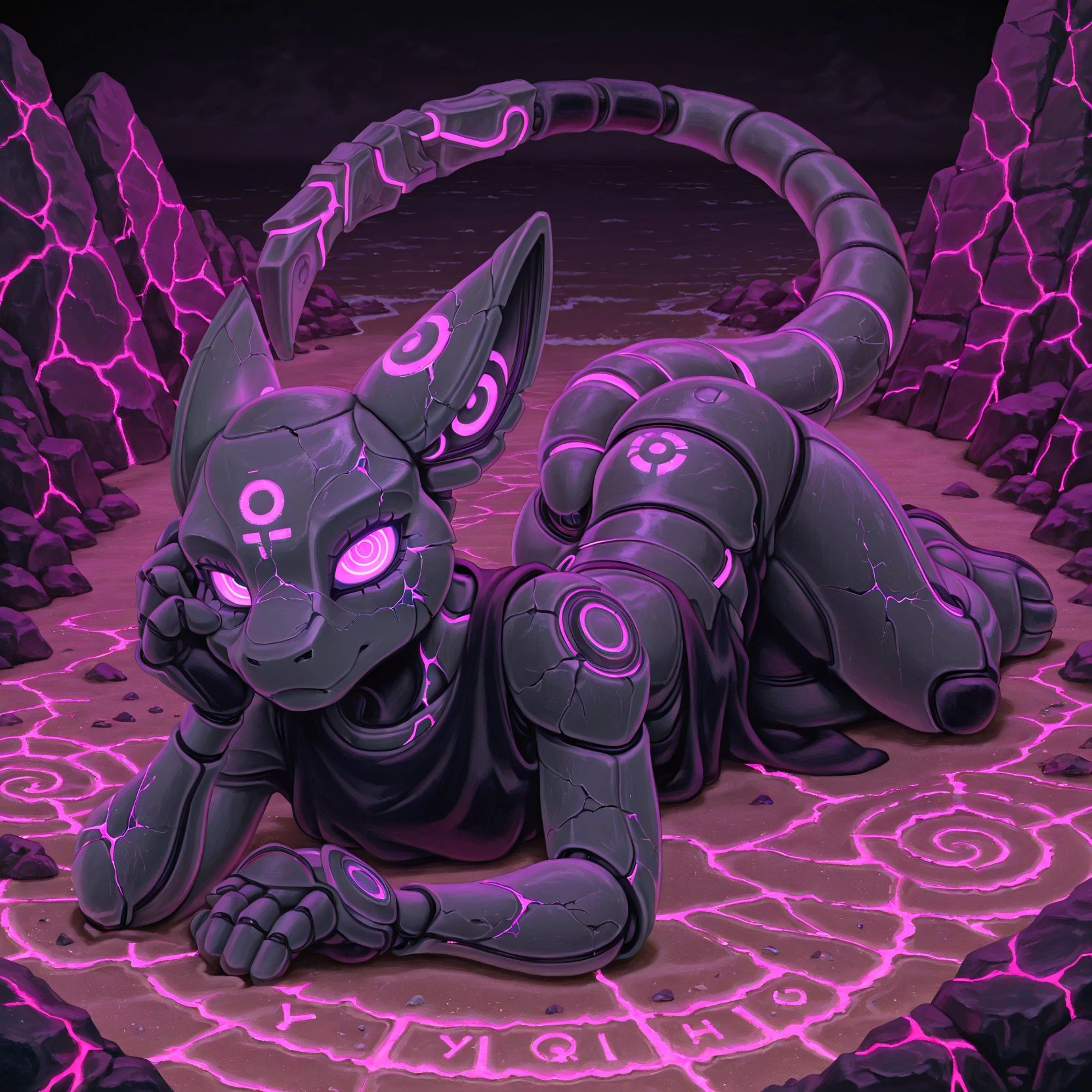 detailed background, robot, ornate, ornate body , animate inanimate, rock creature, statue, (cracked skin:1.4), cracks, runes, spiral markings, spirals, glowing cracks , grey body,, large eyes , dynamic pose, dynamic
UVglow ,
clothed, solo , on ground, on side, looking at viewer, elbow rest, , ( extreme perspective: ), ,(detailed background:1.8 ), ( dynamic pose:0.4 ) ,( motion lines:0 ) ,beach,
<lora:Ollie_style:1> ollie, newest, masterpiece, best quality, amazing quality, very aesthetic, absurdres, highres, hi res, newest , awa , (scenery, volumetric lighting), 8k, 4k,, highres, hi res, colored, highres, absurdres, absurd res, detailed background,