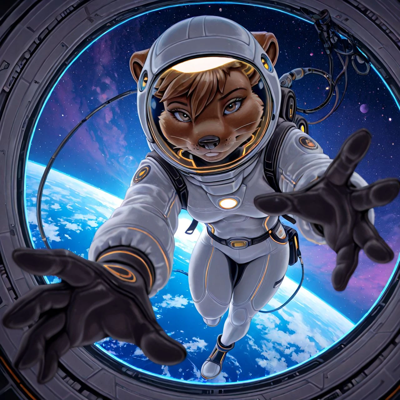 detailed background, beaver, brown body, brown fur, whiskers, black nose, , , dynamic pose, dynamic
,
clothed, helmet, space helmet, bodysuit, gloves, reaching, looking at viewer, space, spacesuit, science fiction, cable, tube, glowing, spacecraft, planet, cockpit, solo, floating, sun, blurry, depth of field, lens flare, sunlight, scenery, fisheye, from above, realistic, perspective, moon, full body, pov, earth (planet), reaching towards viewer, reflection, sky, cloud, white bodysuit, blurry foreground, skin tight, bag, machinery, day, backpack, vaporwave, glowing, light particles, (dutch angle:1.2), (depth of field:1.5) , ,
<lora:Ollie_style:1> ollie, newest, masterpiece, best quality, amazing quality, very aesthetic, absurdres, highres, hi res, newest , awa , (scenery, volumetric lighting), 8k, 4k,, highres, hi res, colored, highres, absurdres, absurd res, detailed background,
