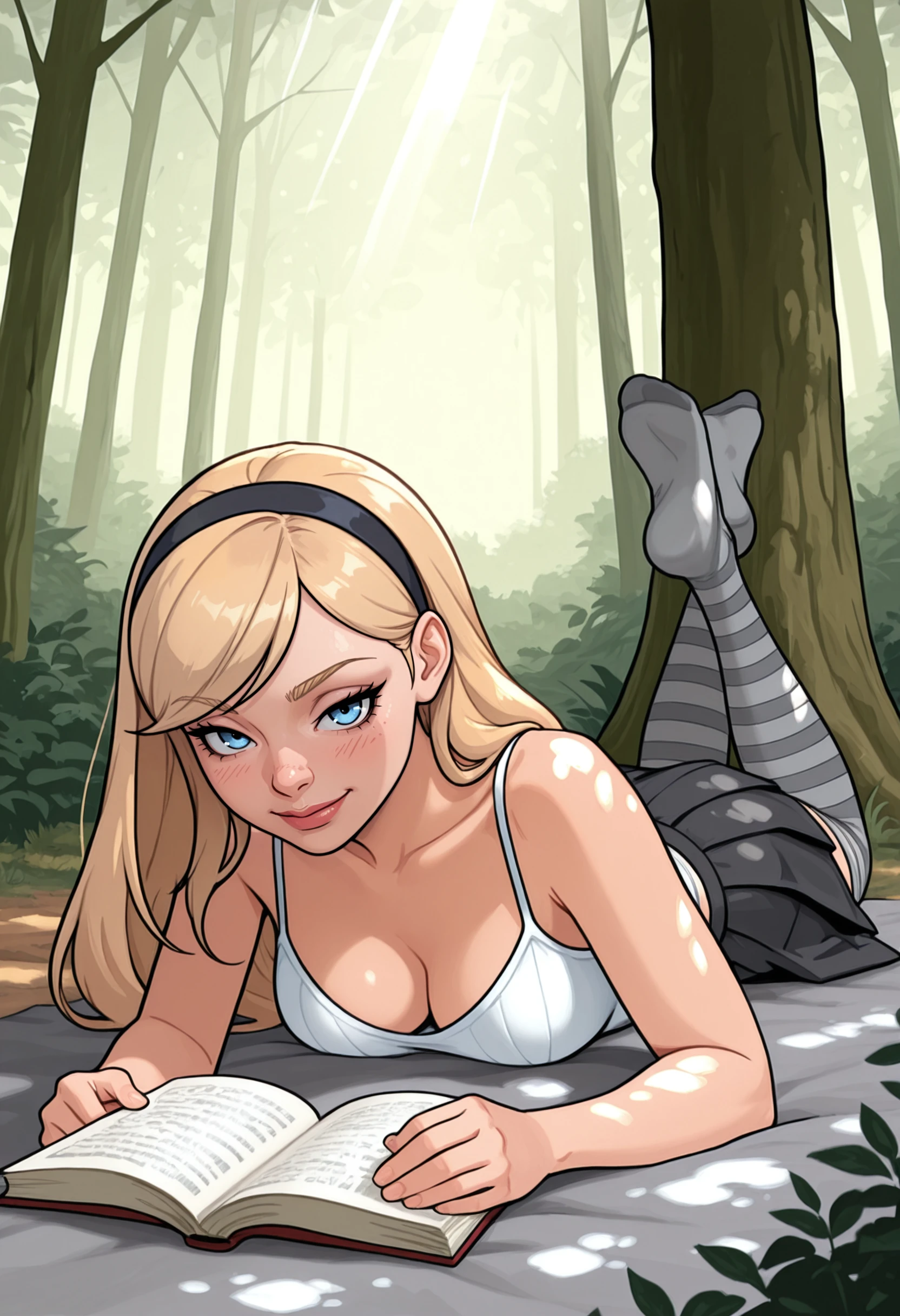 masterpiece, ultra-detailed, high resolution, amazing angle, volumetric lighting, dappled shadows, sunrays,1girl, solo, outdoors, blonde hair, long hair, hairband, swept bangs, blue eyes, medium breasts, white camisole, black pleated skirt, gray and black striped stockings, the pose,forest clearing, under a tree, (lying on stomach:1.4), reading a book, looking down at book, smile, closed mouth, outdoors, full body, <segment:face,0.6,0.5//cid=11>highly detailed