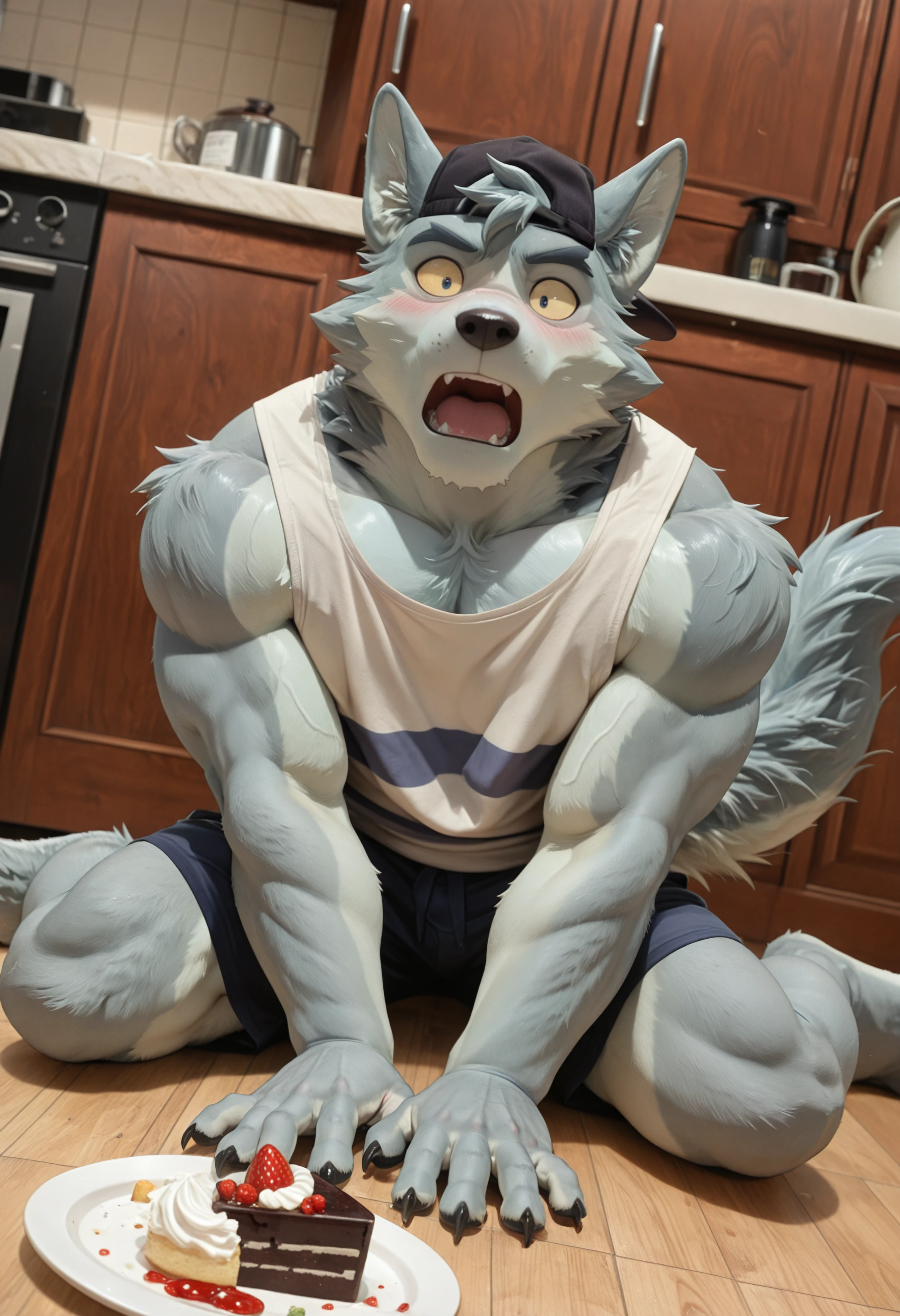 (masterpiece, best quality, very aesthetic, newest, 2024:1.2), (photorealism, photorealistic:1.2), hi res, detailed fur, dutch angle, w0lf_wbb, male focus, furry, furry male, 1boy, animal ears, solo, bara, wolf ears, wolf boy, wolf tail, short hair, body fur, black cap, white tank top, shorts, looking at viewer, yellow sclera, claws, kitchen background, sitting on floor with cake smashed on face, shocked expression, blushing, ears lowered, looking forward stunned, front view, messy clothes, cartoon style, <lora:noobReal-V2.1:0.45> <lora:Wolf_We_Bаby_Bears_Illustrious:1>