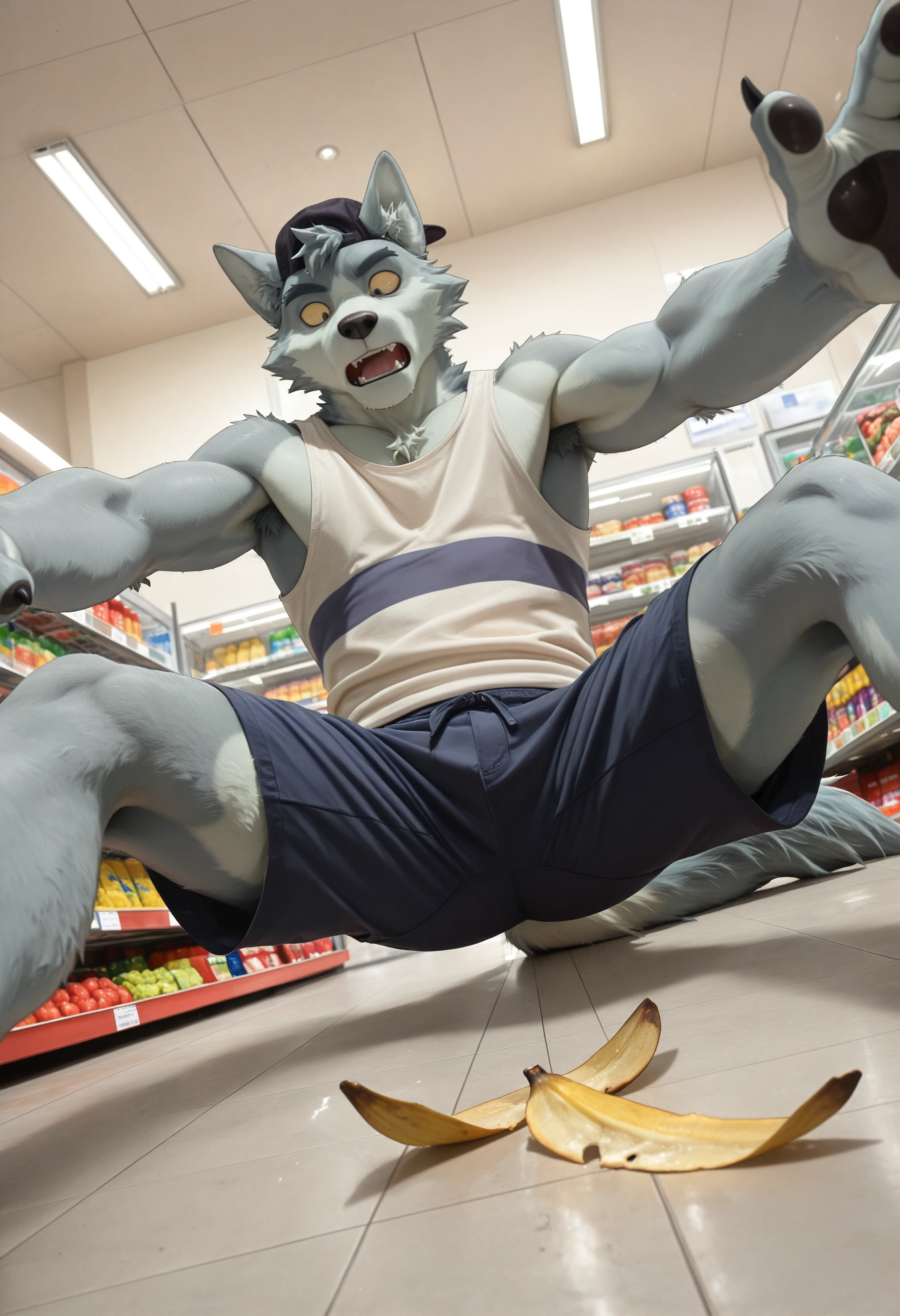 (masterpiece, best quality, very aesthetic, newest, 2024:1.2), (photorealism, photorealistic:1.2), hi res, detailed fur, dutch angle, w0lf_wbb, male focus, furry, furry male, 1boy, animal ears, solo, bara, wolf ears, wolf boy, wolf tail, short hair, body fur, black cap, white tank top, shorts, looking at viewer, yellow sclera, claws, supermarket background, slipping on banana peel, arms spread wide, legs in air, panicked expression, looking down, dynamic mid-air view, cartoon slapstick style, <lora:noobReal-V2.1:0.45> <lora:Wolf_We_Bаby_Bears_Illustrious:1>