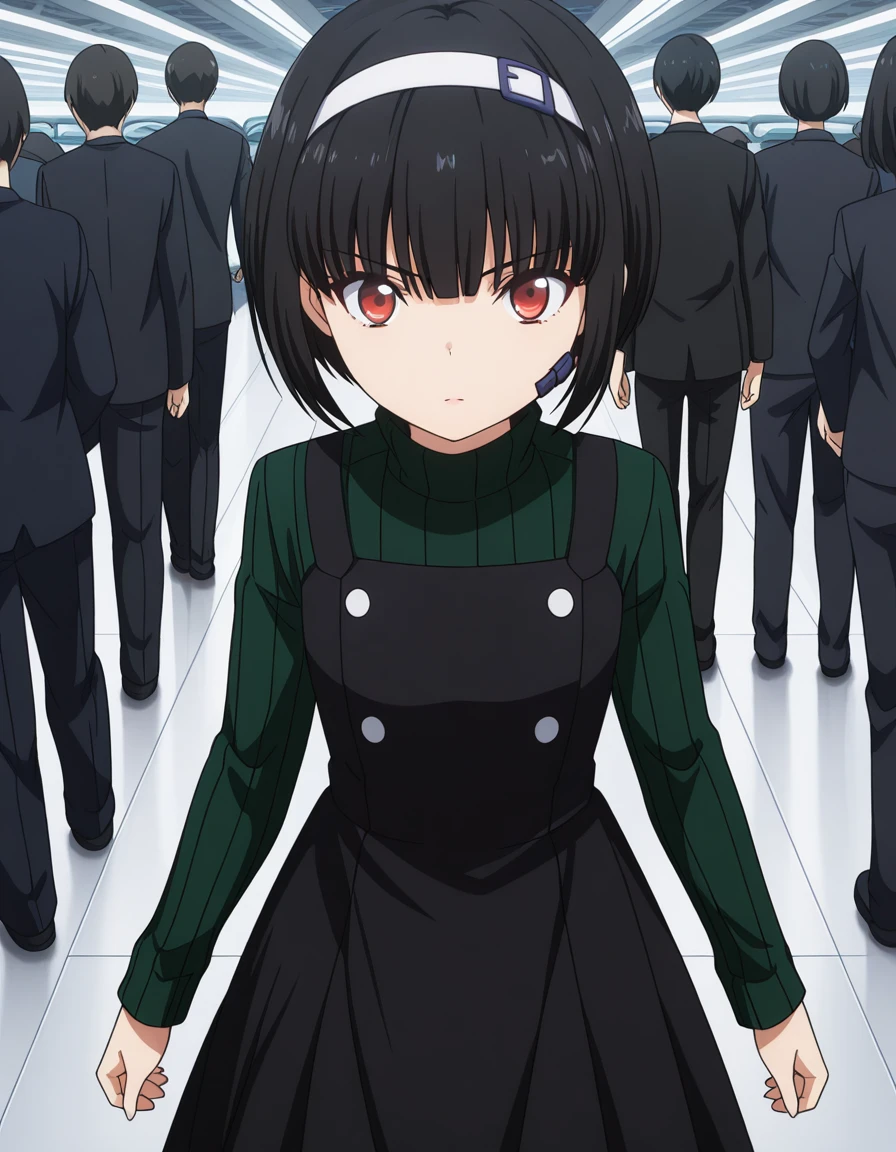 masterpiece, best quality, amazing quality,, <lora:fumiya-kuroba-s2-illustriousxl-lora-nochekaiser:1>, fumiya kuroba, black hair, red eyes, short hair, anime screencap, bangs, dress, hairband, sweater, turtleneck, bob cut, green sweater, black dress,, from above,, airport, planes, passengers, terminal, security, cowboy shot, solo, looking at viewer, <lora:transparent-background-illustriousxl-lora-nochekaiser:1>, transparent background, simple background, white background