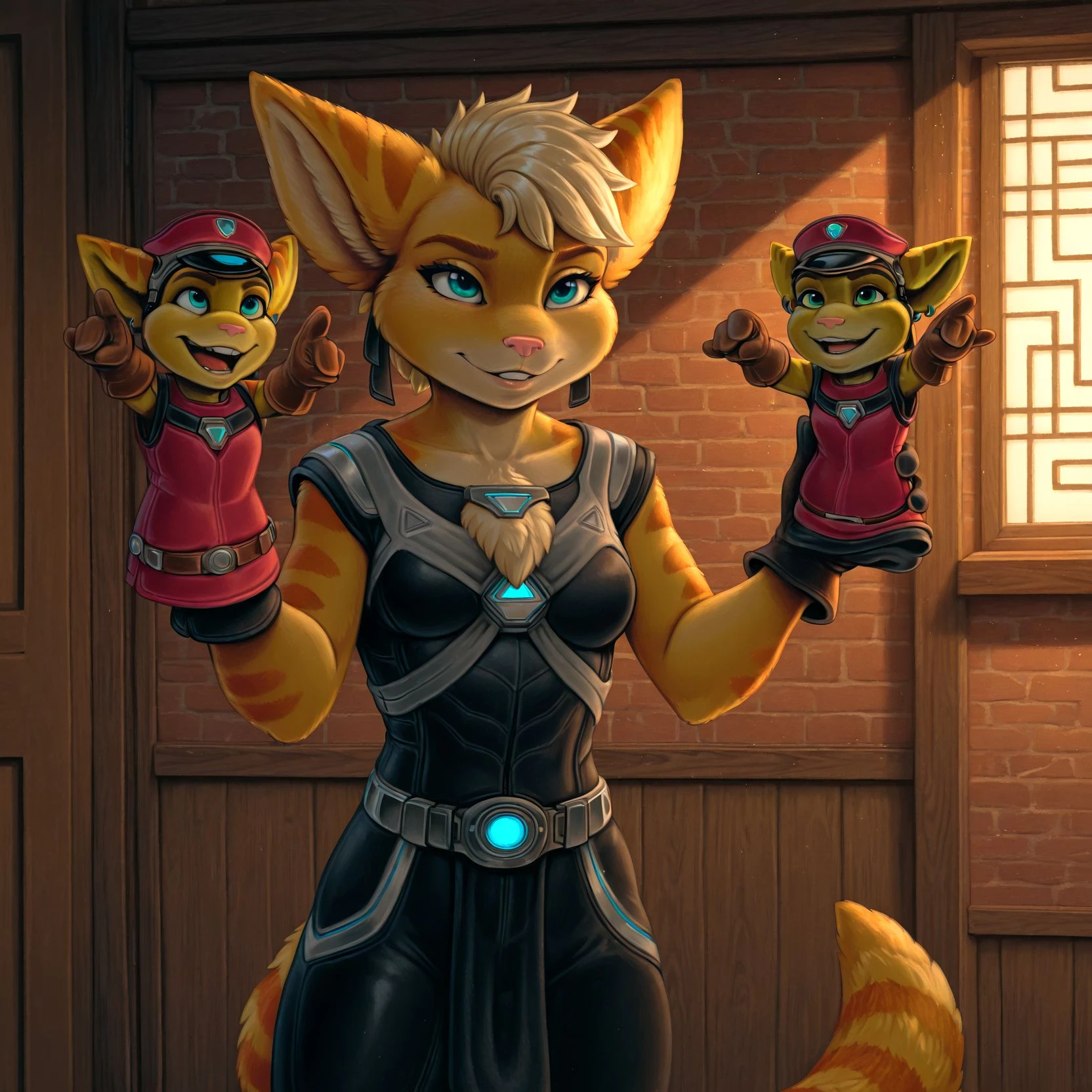 detailed background, angela cross, ratchet and clank, stripes, lombax, alien, striped fur, striped hair,blue eyes , striped body, tuft, chest tuft, eyewear, markings, striped markings, yellow fur, yellow body, striped tail, tail markings, ear markings, pink nose, blonde hair, , living doll, living puppet, puppet hand puppet, cloth , , dynamic pose, dynamic
UVglow ,
clothed, postal delivery, holding package, close-up, , ,
<lora:Ollie_style:1> ollie, newest, masterpiece, best quality, amazing quality, very aesthetic, absurdres, highres, hi res, newest , awa , (scenery, volumetric lighting), 8k, 4k,, highres, hi res, colored, highres, absurdres, absurd res, detailed background,