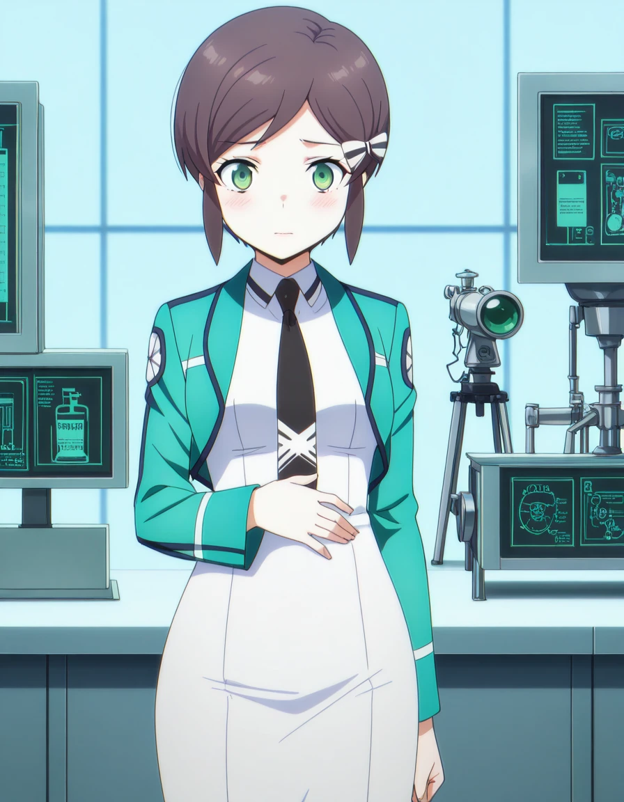 masterpiece, best quality, amazing quality,, <lora:kasumi-saegusa-s3-illustriousxl-lora-nochekaiser:1>, kasumi saegusa, short hair, brown hair, bow, green eyes, hair bow, mature female, small breasts, anime screencap, dress, jacket, pantyhose, necktie, white dress, black necktie, green jacket, hand on stomach, blush,, laboratory, beakers, microscope, scientist, experiments, cowboy shot, solo, looking at viewer,