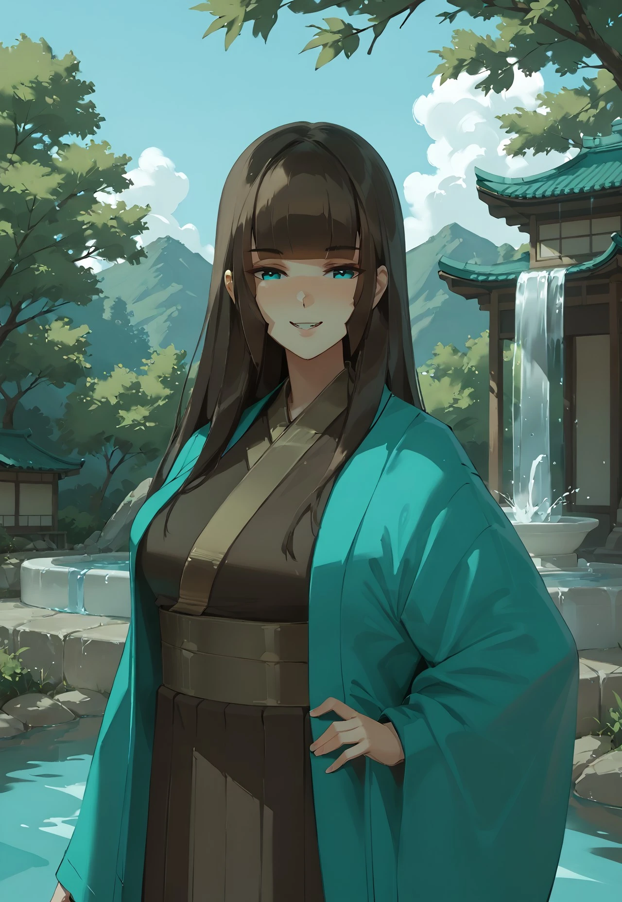 score_up_9, score_up_8, score_up_7, best quality, detailed face, clean line art, bold lines,
Outdoors, Japanese setting, green and white walls,  calming, day, blue sky, fountain, water, 
KaoriTower, kimono_outfit, 1girl, solo, brown hair, long hair, straight hair, blunt bangs, green kimono, dark underlayer, hand on hip, upper body, standing, smirk, 