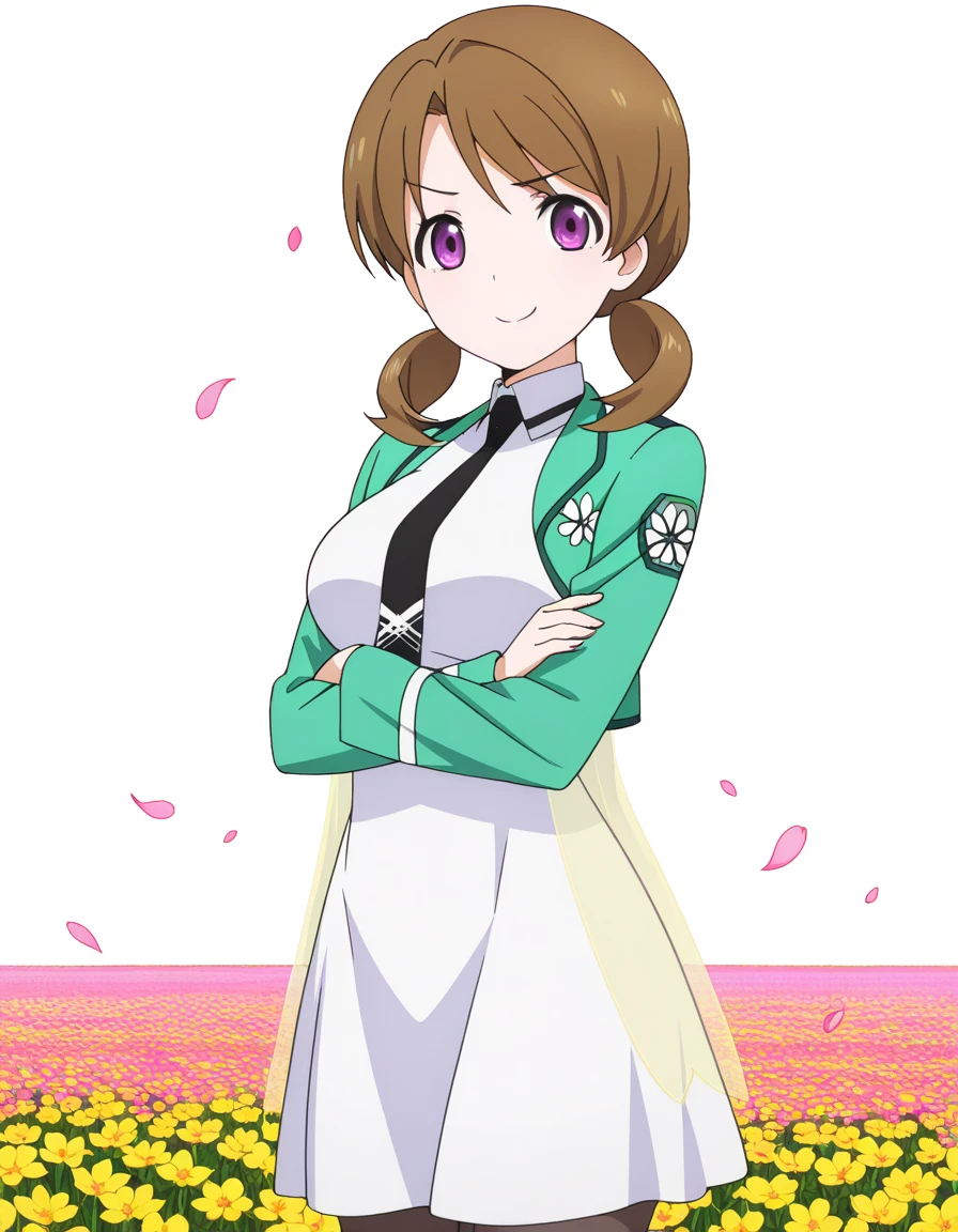 masterpiece, best quality, amazing quality,, <lora:honoka-mitsui-s2-illustriousxl-lora-nochekaiser:1>, honoka mitsui, bangs, brown hair, twintails, purple eyes, low twintails, mature female, medium breasts, anime screencap, dress, jacket, pantyhose, necktie, white dress, black necktie, green jacket, crossed arms, smug, flower field, colorful, petals, scent, bloom, cowboy shot, solo, looking at viewer, <lora:transparent-background-illustriousxl-lora-nochekaiser:1>, transparent background, simple background, white background