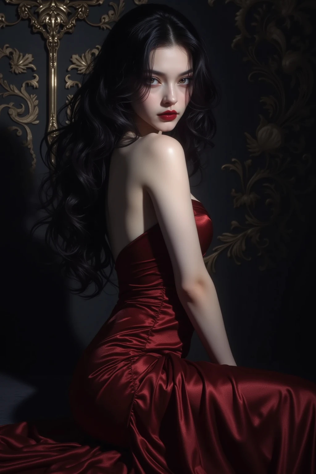 uinbeauty, A mysterious seductress with eyes like twin black holes, drawing you into a kaleidoscope of swirling colors and endless desire. She has an alluring expression, wearing a luxurious velvet dress that clings to her curves, with deep red lipstick and flowing dark hair. Set against a dark, mysterious background with soft, dramatic lighting that highlights her enigmatic allure, creating a captivating and sensual atmosphere.