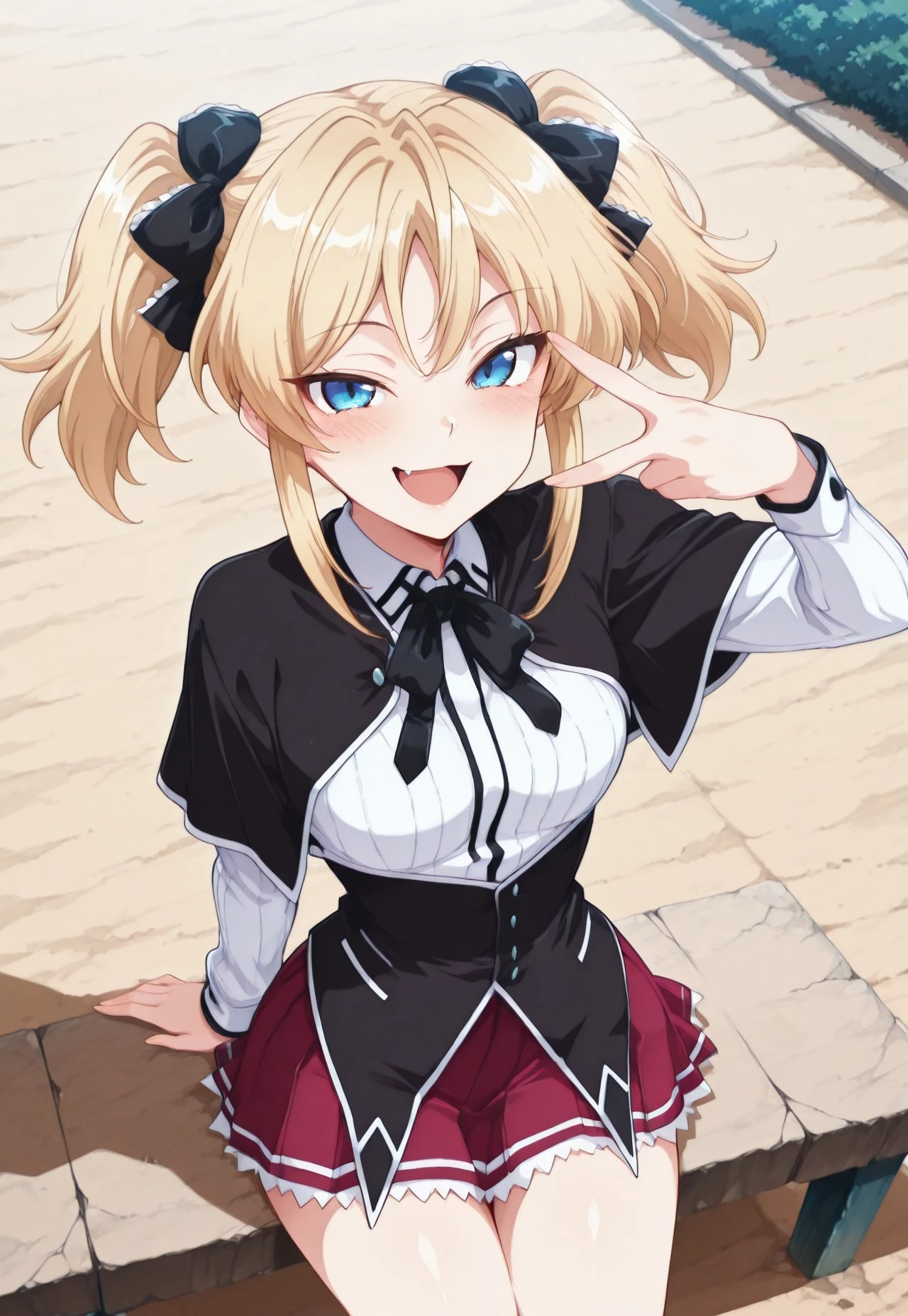 masterpiece, very aesthetic, absurdres, sinfully stylish, dramatic lighting, soft light, long shadows, detailed, ultra-detailed, masterpiece, very aesthetic, absurdres, perfect quality, absolutely eye-catching, best quality, intricate details, high-res,anime, IllusP0s IllusN3g,1girl, solo, blue eyes, blonde hair, twin tails, fang, ribbon, bow, smug smile, small breasts, blush, (Kuoh_Outfit), pleated skirt, capelet, black capelet, corset, black corset, white shirt, long sleeves, <lora:gyaru-v-illustriousxl-lora-nochekaiser:1>, gyaruv, solo, looking at viewer, blush, smile, open mouth, sitting, v, from above, arm up, white school building, soil ground, (tree:0.8), schoolyard