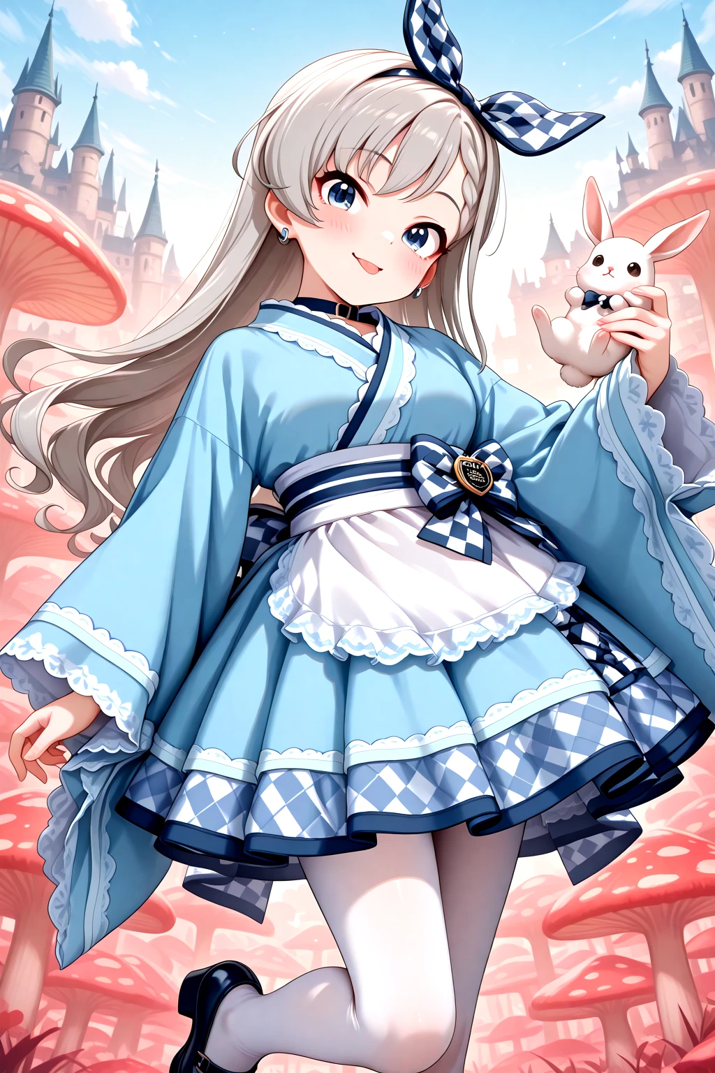 masterpiece, best quality, amazing quality, 1girl, solo, makeup, general, cowboy shot, looking at viewer, blush, dramatic angle, smile, fantasy, castle, giant mushroom background, sky, standing on one leg, black mary janes, (black checkered ribbon hairband), tongue out, holding rabbit, cute, <lora:Hisakawa_Hayate_Cinderella:0.9>, Hisakawa_Hayate_Cinderella, long hair, grey hair, braided bangs, blue eyes, breasts, <lora:Alice_Cos_Kimono:1.1>, Alice_Cos_Kimono, long sleeves, checkered skirt, cosplay, blue dress, bow, japanese clothes, blue kimono, checkered bow, sleeves past wrists, sash, wide sleeves, choker, waist apron, white pantyhose, checkered dress, collar, back bow, <lora:wai-A3-V140:1>, <lora:illustrious_noobai_epsilon_pred_1_masterpieces_v1:1>