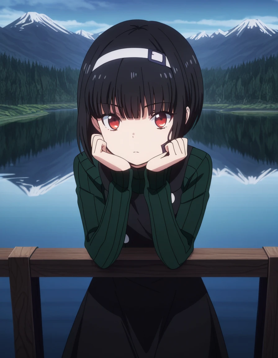 masterpiece, best quality, amazing quality,, <lora:fumiya-kuroba-s2-illustriousxl-lora-nochekaiser:1>, fumiya kuroba, black hair, red eyes, short hair, anime screencap, bangs, dress, hairband, sweater, turtleneck, bob cut, green sweater, black dress,, head rest, lake, water, reflection, mountains, calm, cowboy shot, solo, looking at viewer,