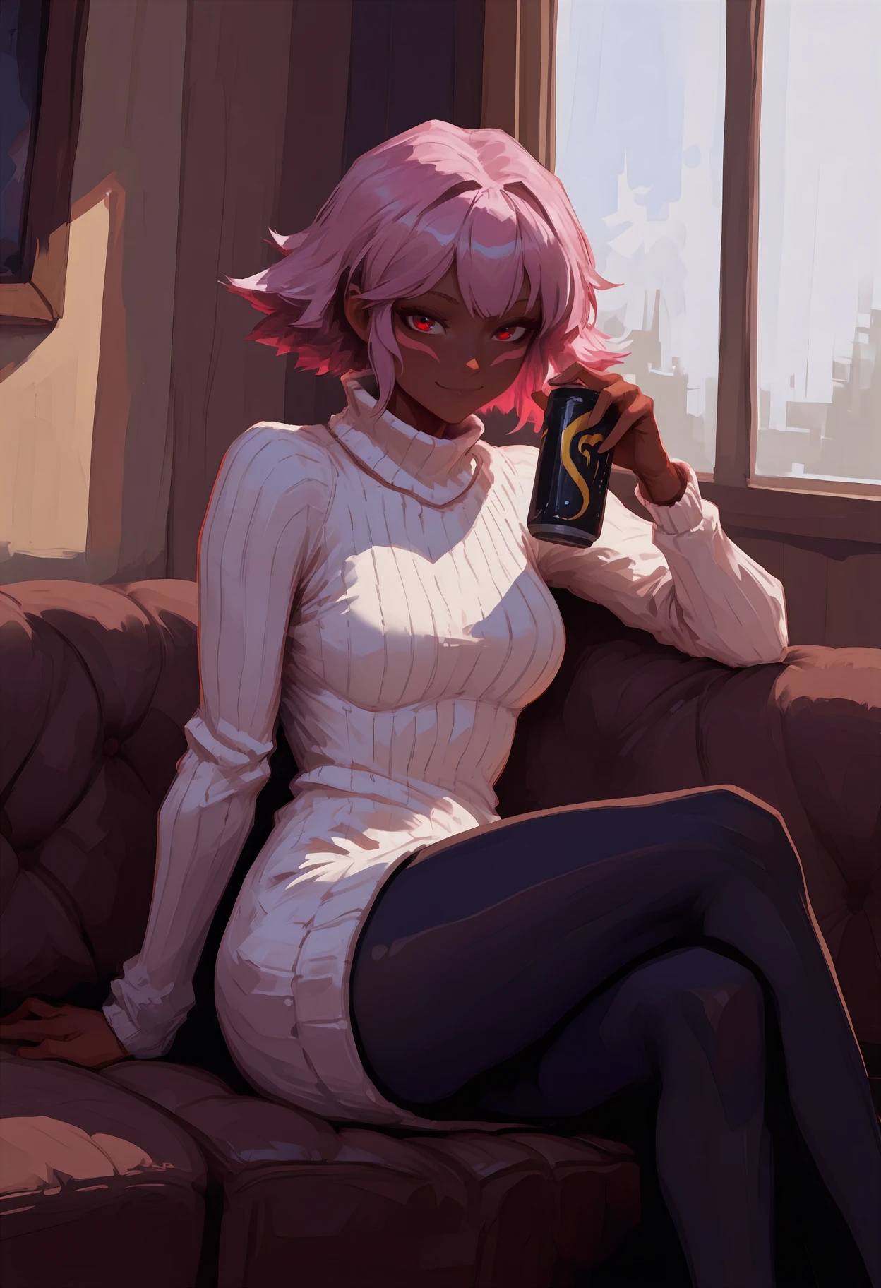 newest, painterly, feet out of frame, solo, 1girl, dark-skinned female, facial mark, smile, looking at viewer, sitting, on couch, holding drink, drink can, arm support, crossed legs, short hair, pink hair, red eyes, white sweater, sweater dress, ribbed sweater, turtleneck sweater, long sleeves, black pantyhose, indoors, living room, window
<segment:yolo-Anzhc Face seg 640 v3 y11n.pt,0.5,0.5//cid=11>