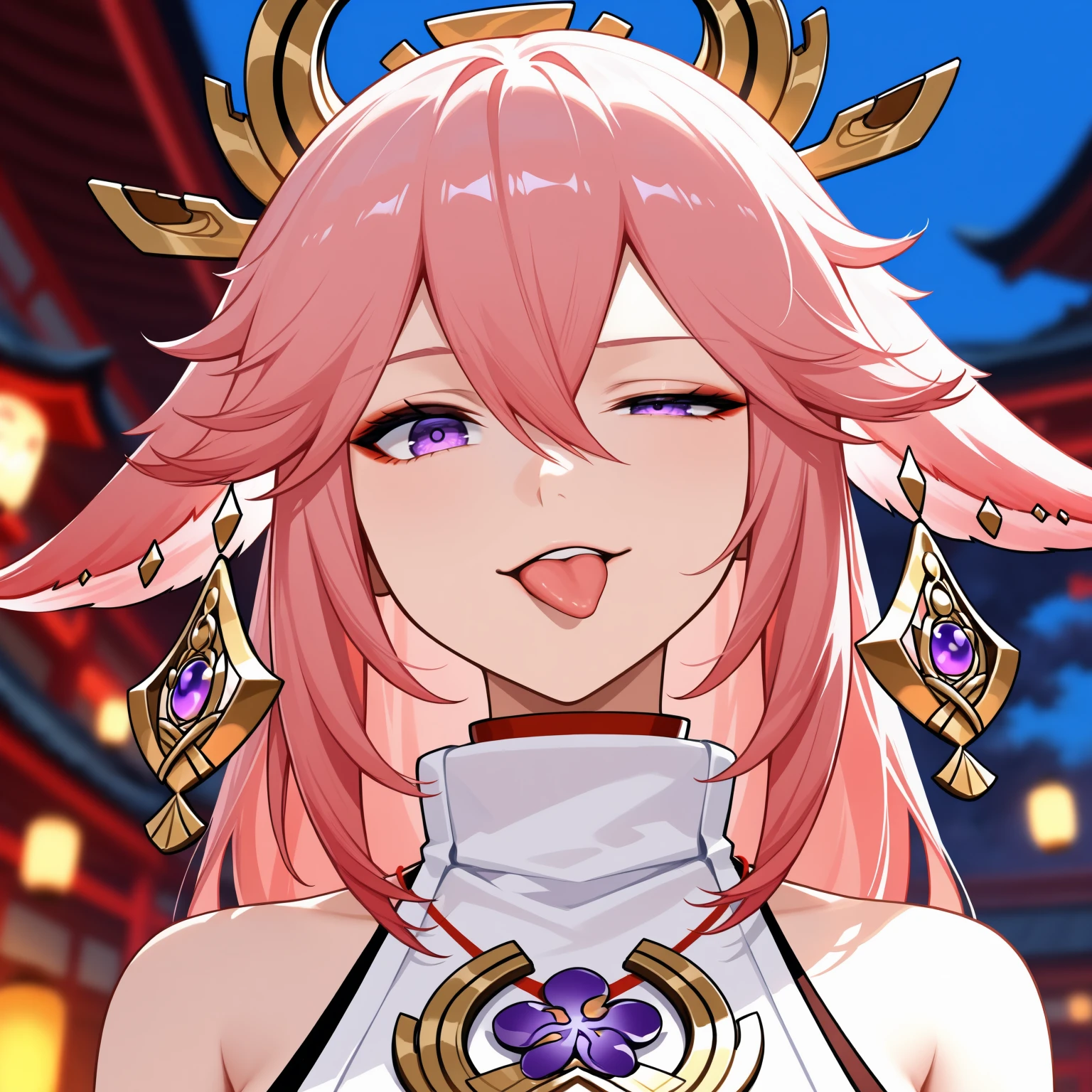 tongue out, uneven eyes, half-closed eye, looking at viewer, upper body, yae miko, blurry background, <lora:rigby_the_cat_(meme)-000008v3:1>