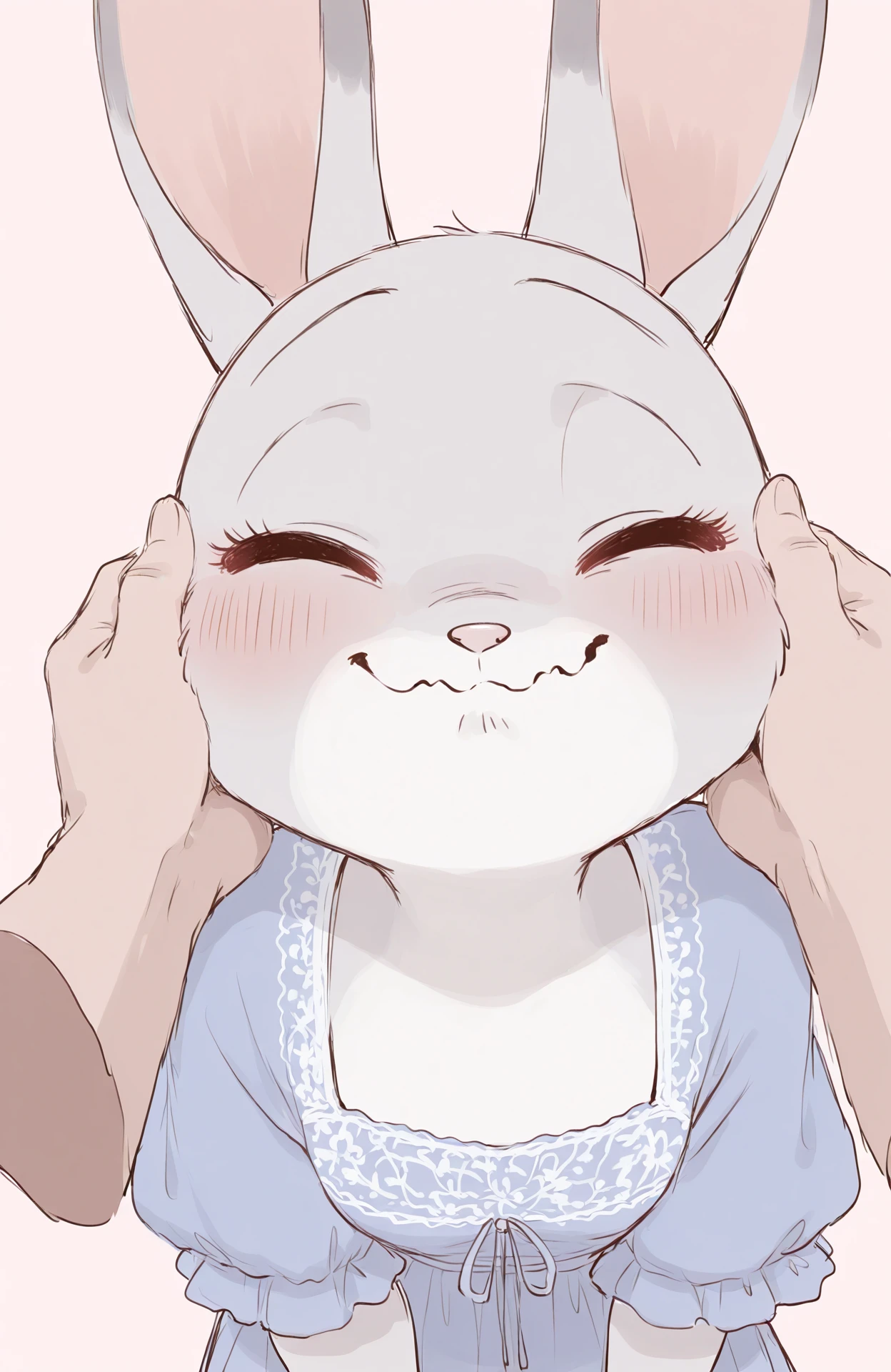 masterpiece, best quality, newest, absurdres, lazypos, solo
JdH00ps-p3np3n, purple eyes, gray fur, blush, dress, simple background, closed mouth, upper body, closed eyes, solo focus,pov, pink background, wavy mouth, facing viewer, disembodied limb, hand on another's ear,
<lora:Judy-Hopps-penpen-style_il:0.9>