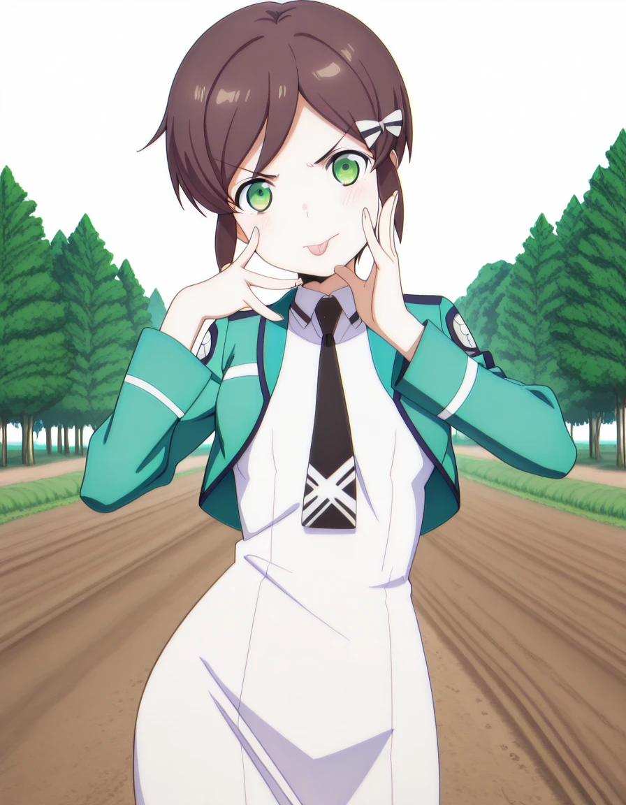 masterpiece, best quality, amazing quality,, <lora:kasumi-saegusa-s3-illustriousxl-lora-nochekaiser:1>, kasumi saegusa, short hair, brown hair, bow, green eyes, hair bow, mature female, small breasts, anime screencap, dress, jacket, pantyhose, necktie, white dress, black necktie, green jacket, <lora:gotoubunnohanayome-vol6-illustriousxl-lora-nochekaiser:1>, gotoubunnohanayome vol6, solo, looking at viewer, blush, closed mouth, tongue, tongue out, hands up, v-shaped eyebrows, akanbe,, bike ride, countryside, dirt road, trees, afternoon sun, peaceful, alone, cowboy shot, solo, looking at viewer, <lora:transparent-background-illustriousxl-lora-nochekaiser:1>, transparent background, simple background, white background