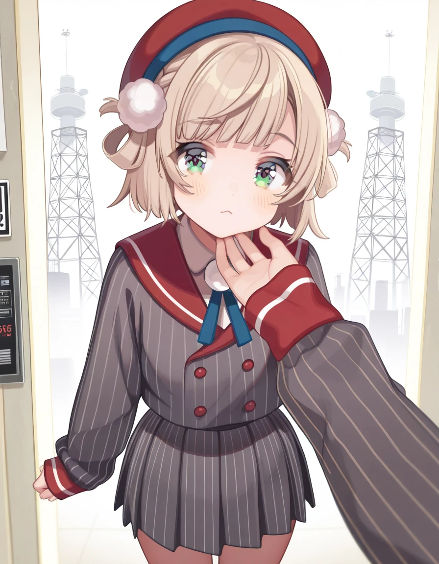masterpiece, best quality, amazing quality,, <lora:ui-shigure-mv-illustriousxl-lora-nochekaiser:1>, ui shigure, shigure ui (vtuber), short hair, blonde hair, hair ornament, green eyes, braid, blunt bangs, swept bangs, light brown hair, side braid, french braid, hair rings, pom pom hair ornament, mature female, small breasts, shirt, skirt, long sleeves, hat, ribbon, jacket, white shirt, pleated skirt, collared shirt, sailor collar, miniskirt, striped clothes, sleeves past wrists, neck ribbon, buttons, beret, blue ribbon, red headwear, grey skirt, pom pom (clothes), vertical-striped clothes, grey jacket, double-breasted, pinstripe pattern, striped skirt, red sailor collar, striped jacket, vertical-striped skirt, vertical-striped jacket, <lora:stroking-anothers-chin-pov-illustriousxl-lora-nochekaiser:1>, stroking another's chin pov, stronking another's chin, pov, pov hands, blush, cowboy shot, nuclear powerplant, radiation, cooling_towers, danger, energy, cowboy shot, solo, looking at viewer,