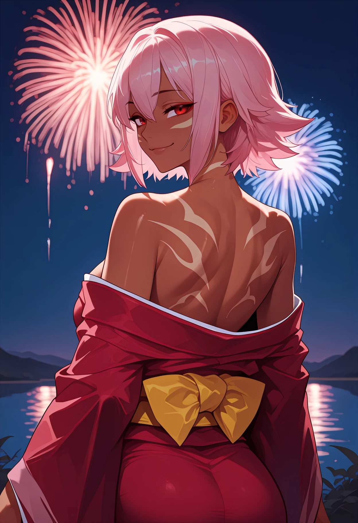 newest, , solo, 1girl, dark-skinned female, facial mark, back tattoo, smile, looking back, looking at viewer, arms at sides, short hair, pink hair, red eyes, japanese clothes, red kimono, off shoulder, kimono pull, long sleeves, yellow sash,  shoulders, outdoors, night, fireworks, lake
<segment:yolo-Anzhc Face seg 640 v3 y11n.pt,0.5,0.5//cid=11>