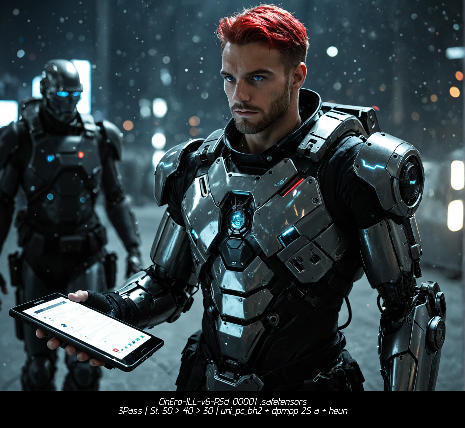 blue_eyes, multiple_boys, 2boys, fingerless_gloves, facial_hair, robot, science_fiction, realistic, cyborg, cyberpunk,
The image features a futuristic setting with a high-tech ambiance. In the foreground, there is a humanoid robot labeled "PLAYER" on its chest, standing tall and imposing. The robot has a sleek, metallic appearance with a black and silver color scheme, giving it a sleek and advanced look.
To the right of the robot, there is a person with vibrant red hair styled in spiky fashion. This individual is dressed in a black outfit with a high collar and a tactical harness, suggesting a combat-ready or military-like role. They are holding a tablet displaying the text "jok3r" and some menu options, indicating they might
score_9, score_8_up, source_photo, photorealistic, bokeh, cinematic still photograph, analog film grain, Selective focus, photorealism, cinematic.
Masterpiece, intricate lines, intriguing atmosphere, sharp magnificent details, delicate features, elaborate details, (2/3 rule composition:0.5), ultra detailed, rembrandt lighting.