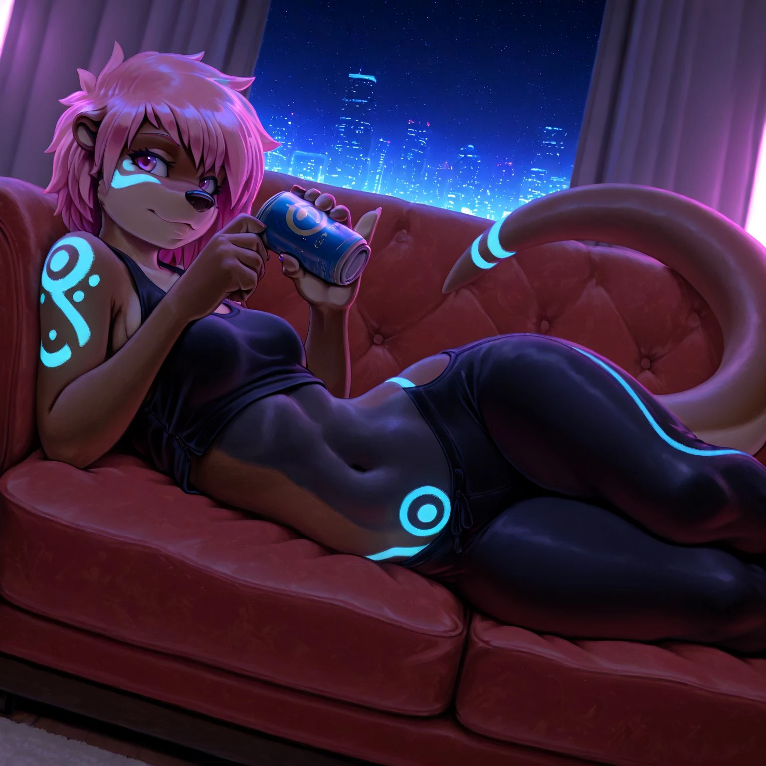 (detailed background:1.5), otter, body markings, , , , dynamic pose, dynamic
UVglow ,
clothed, solo, looking at viewer, looking to the side, lying on couch, on back , arm dangle, from side, holding can, , masterwork, masterpiece, best quality, detailed, depth of field, , high detail, best quality, very aesthetic, 8k, dynamic pose, depth of field, dynamic angle, ,
<lora:Ollie_style:1> ollie, newest, masterpiece, best quality, amazing quality, very aesthetic, absurdres, highres, hi res, newest , awa , (scenery, volumetric lighting), 8k, 4k,, highres, hi res, colored, highres, absurdres, absurd res, detailed background,