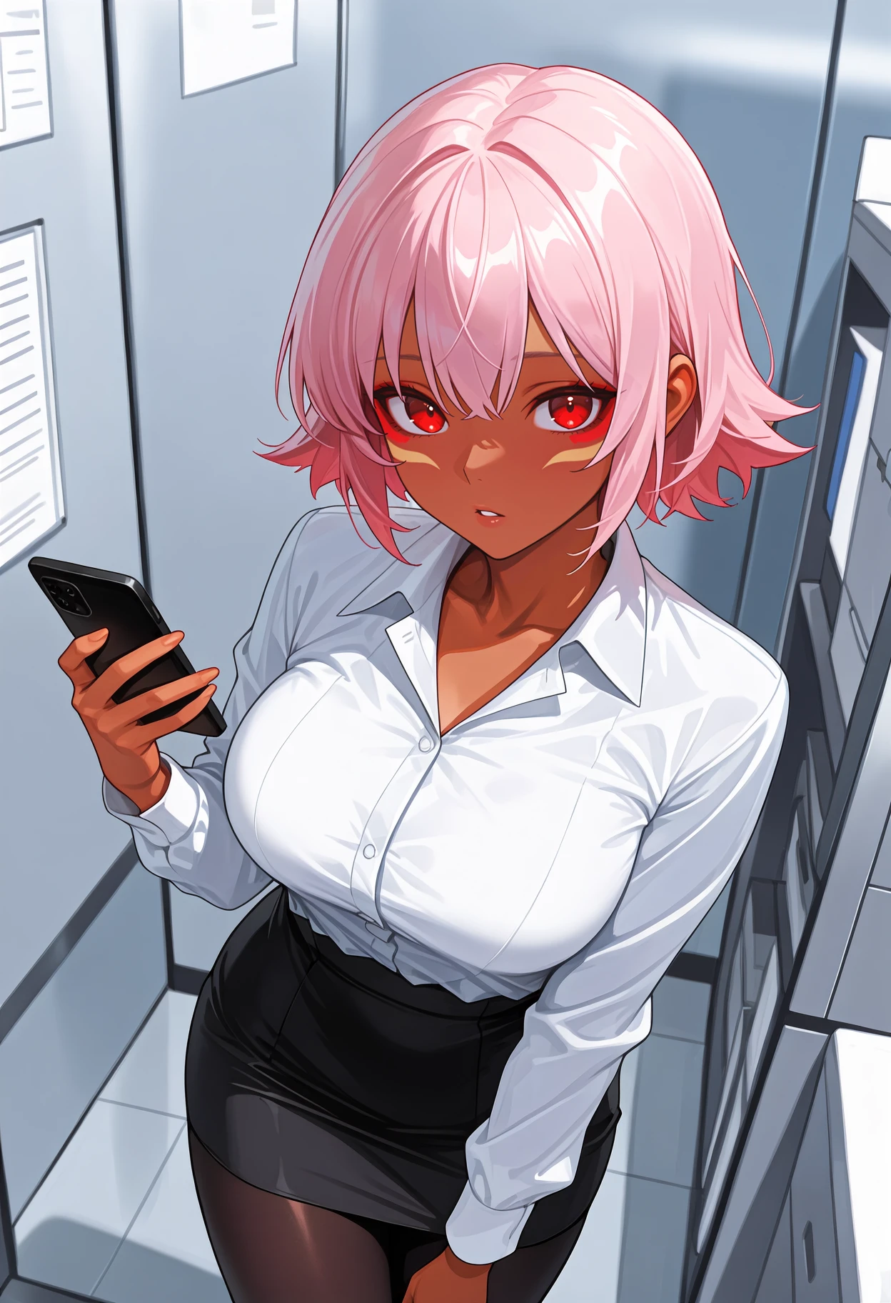 newest, solo, 1girl, dark-skinned female, facial mark, parted lips, looking at viewer, standing, holding phone, short hair, pink hair, red eyes, white shirt, collared shirt, shirt tucked in, long sleeves, black skirt, pencil skirt, miniskirt, black pantyhose, , indoors, office, cubicle
<segment:yolo-Anzhc Face seg 640 v3 y11n.pt,0.5,0.5//cid=11>