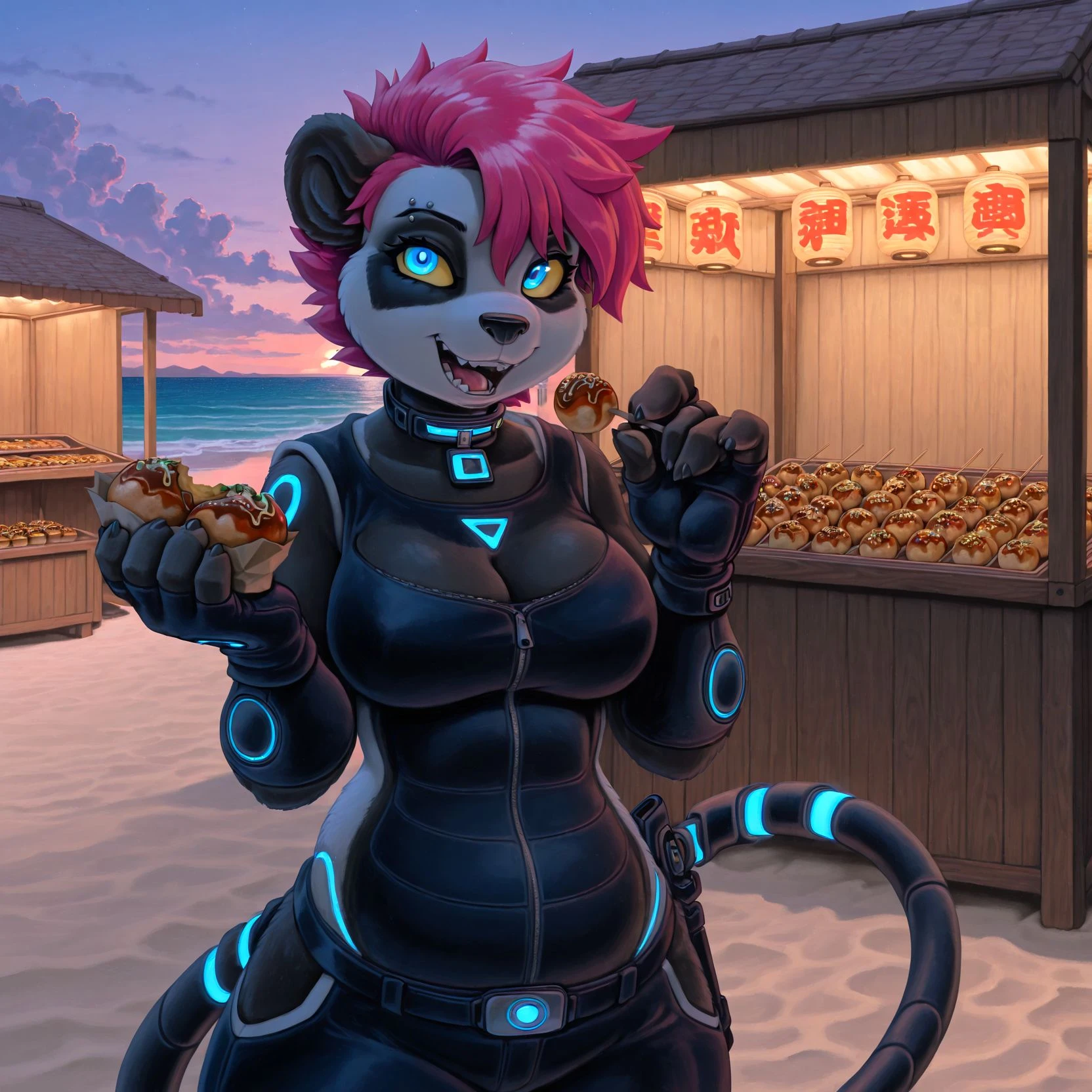 detailed background, praiz, r!p, domino mono, bear, giant panda, hybrid, koala, mammal, marsupial, vombatiform, anthro, biped, blue eyes, yellow sclera, collar, eyebrow piercing, facial piercing, female, fingerless gloves,handwear, multicolored hair, , cyborg, cybernetic eye, cybernetic tail, cybernetic hand , ,,, large eyes , dynamic pose, dynamic
UVglow ,
clothed, takoyaki, eating, food, holding, facing viewer, holding food, food stand, ,beach,
<lora:Ollie_style:1> ollie, newest, masterpiece, best quality, amazing quality, very aesthetic, absurdres, highres, hi res, newest , awa , (scenery, volumetric lighting), 8k, 4k,, highres, hi res, colored, highres, absurdres, absurd res, detailed background,
