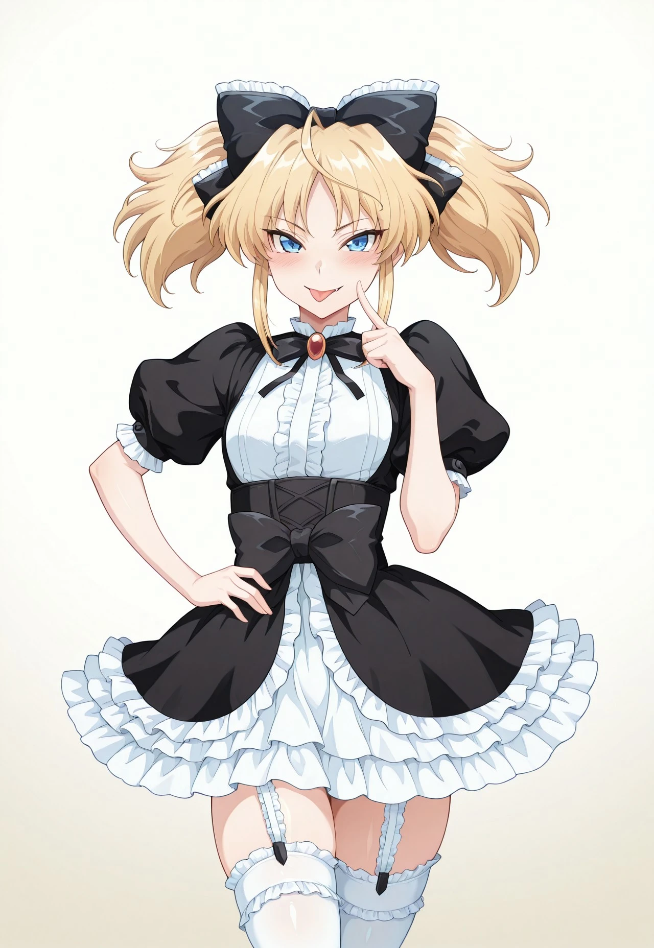 masterpiece, very aesthetic, absurdres, sinfully stylish, dramatic lighting, soft light, long shadows, detailed, ultra-detailed, masterpiece, very aesthetic, absurdres, perfect quality, absolutely eye-catching, best quality, intricate details, high-res,anime, IllusP0s IllusN3g,1girl, solo, blue eyes, blonde hair, twin tails, fang, ribbon, bow, small breasts,  White thighhighs, frills, garter straps, black dress, puffy sleeves,  posing, photoset, looking cute, photo studio, <lora:gotoubunnohanayome-vol8-illustriousxl-lora-nochekaiser:1>, gotoubunnohanayome vol8, solo, looking at viewer, blush, smile, upper body, tongue, tongue out, :p, finger to cheek, hand on own hip,