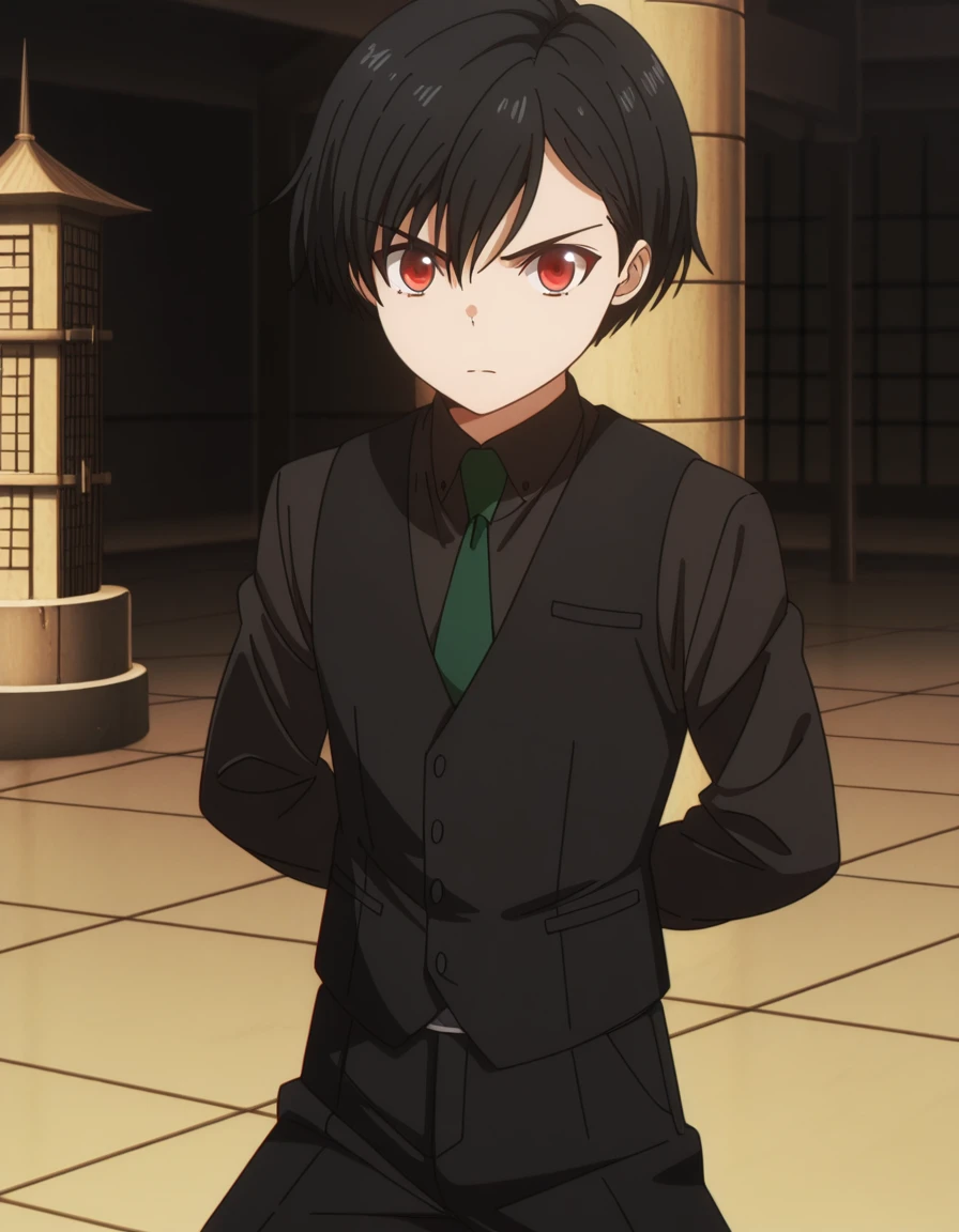 masterpiece, best quality, amazing quality,, <lora:fumiya-kuroba-s2-illustriousxl-lora-nochekaiser:1>, fumiya kuroba, black hair, red eyes, short hair, anime screencap, shirt, male focus, necktie, pants, vest, black shirt, black pants, green necktie,, <lora:kung-fu-illustriousxl-lora-nochekaiser:1>, kung fu, martial arts, training, fighting stance, cowboy shot, hands behind back, guard tower, security, tall, lookout, protective, cowboy shot, solo, looking at viewer,