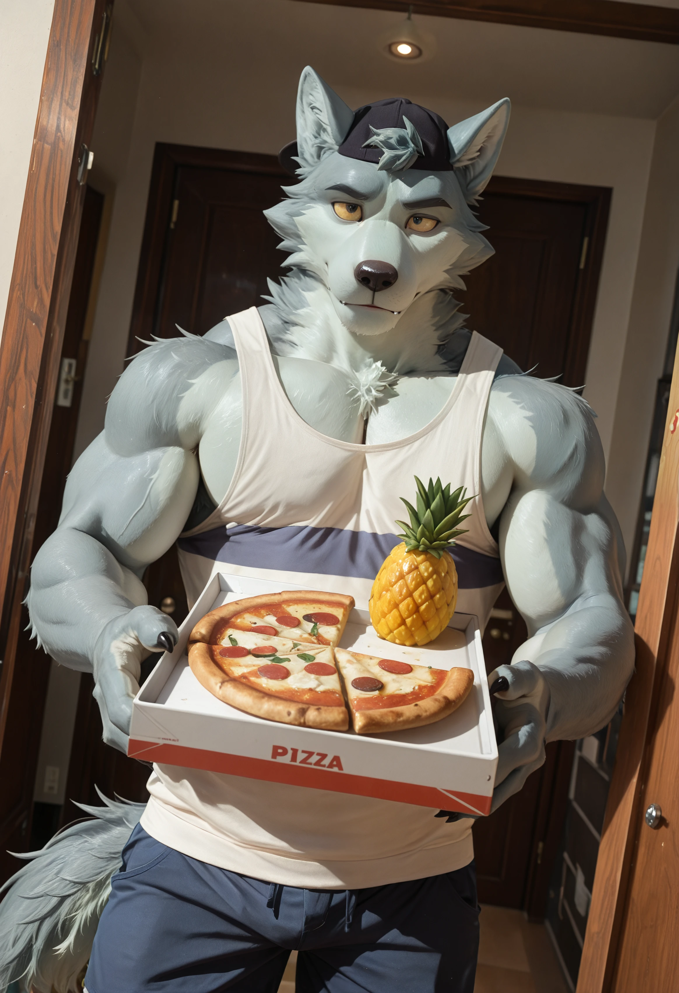 (masterpiece, best quality, very aesthetic, newest, 2024:1.2), (photorealism, photorealistic:1.2), hi res, detailed fur, dutch angle, w0lf_wbb, male focus, furry, furry male, 1boy, animal ears, solo, bara, wolf ears, wolf boy, wolf tail, short hair, body fur, black cap, white tank top, shorts, looking at viewer, yellow sclera, claws, apartment doorway background, standing holding pizza box, naked, looking at delivery person, front view, casual style, high detail, close up, holding pineapple, worried <lora:noobReal-V2.1:0.45> <lora:Wolf_We_Bаby_Bears_Illustrious:1>