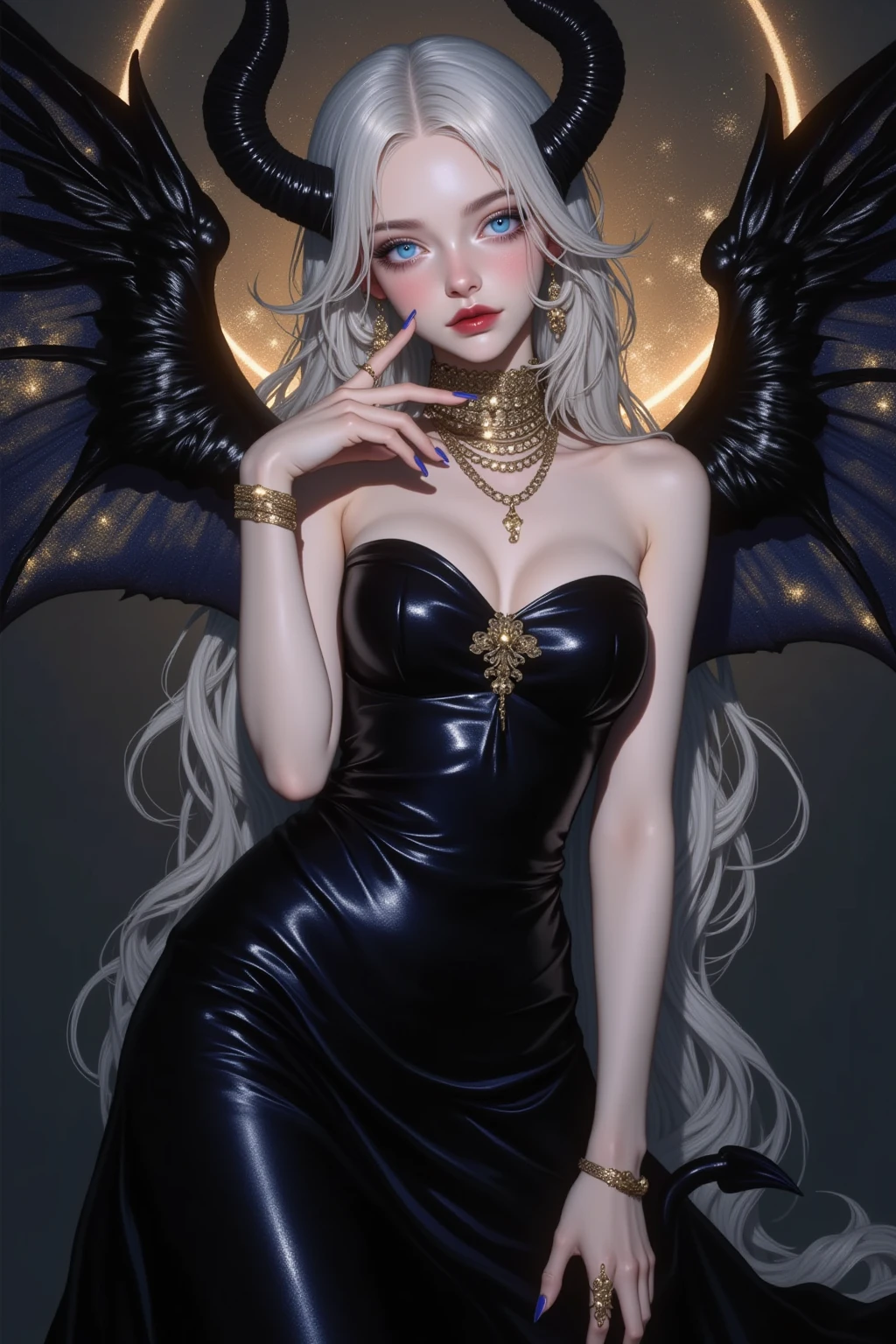 uinbeauty, A digital anime-style illustration of a seductive Succubus with long, flowing white straight hair cascading down her back, large black wings spread wide and a sleek black tail curling behind her. She has an enchanting, gorgeous face with glowing round eyes that shimmer with ultramarine hues, drawing the viewer into her spell. She is wearing an elegant evening dress that clings to her curves, adorned with shiny gold jewelry that catches the light in every detail. Styled by Inoue Takehiko and Rebecca Guay, this piece features deep blacks, vibrant ultramarine blues, and radiant golds, rendered in an oil painting style with extreme attention to texture and brushwork. The succubus strikes a dynamic pose, exuding confidence and allure, captured in megapixel, UHD, 32k resolution to showcase every intricate detail from the folds of her dress to the feathers of her wings. The background is a soft gradient transitioning from deep black to a subtle golden glow, enhancing the ethereal and seductive atmosphere of the artwork.