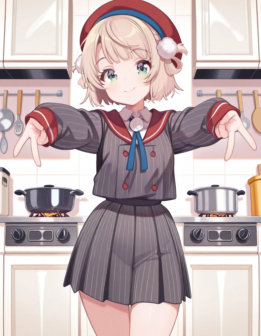 masterpiece, best quality, amazing quality,, <lora:ui-shigure-mv-illustriousxl-lora-nochekaiser:1>, ui shigure, shigure ui (vtuber), short hair, blonde hair, hair ornament, green eyes, braid, blunt bangs, swept bangs, light brown hair, side braid, french braid, hair rings, pom pom hair ornament, mature female, small breasts, shirt, skirt, long sleeves, hat, ribbon, jacket, white shirt, pleated skirt, collared shirt, sailor collar, miniskirt, striped clothes, sleeves past wrists, neck ribbon, buttons, beret, blue ribbon, red headwear, grey skirt, pom pom (clothes), vertical-striped clothes, grey jacket, double-breasted, pinstripe pattern, striped skirt, red sailor collar, striped jacket, vertical-striped skirt, vertical-striped jacket, <lora:double-gyaru-v-illustriousxl-lora-nochekaiser:1>, doublegyaruv, solo, looking at viewer, blush, smile, standing, cowboy shot, double v,, kitchen, stove, fridge, utensils, chef, cowboy shot, solo, looking at viewer,