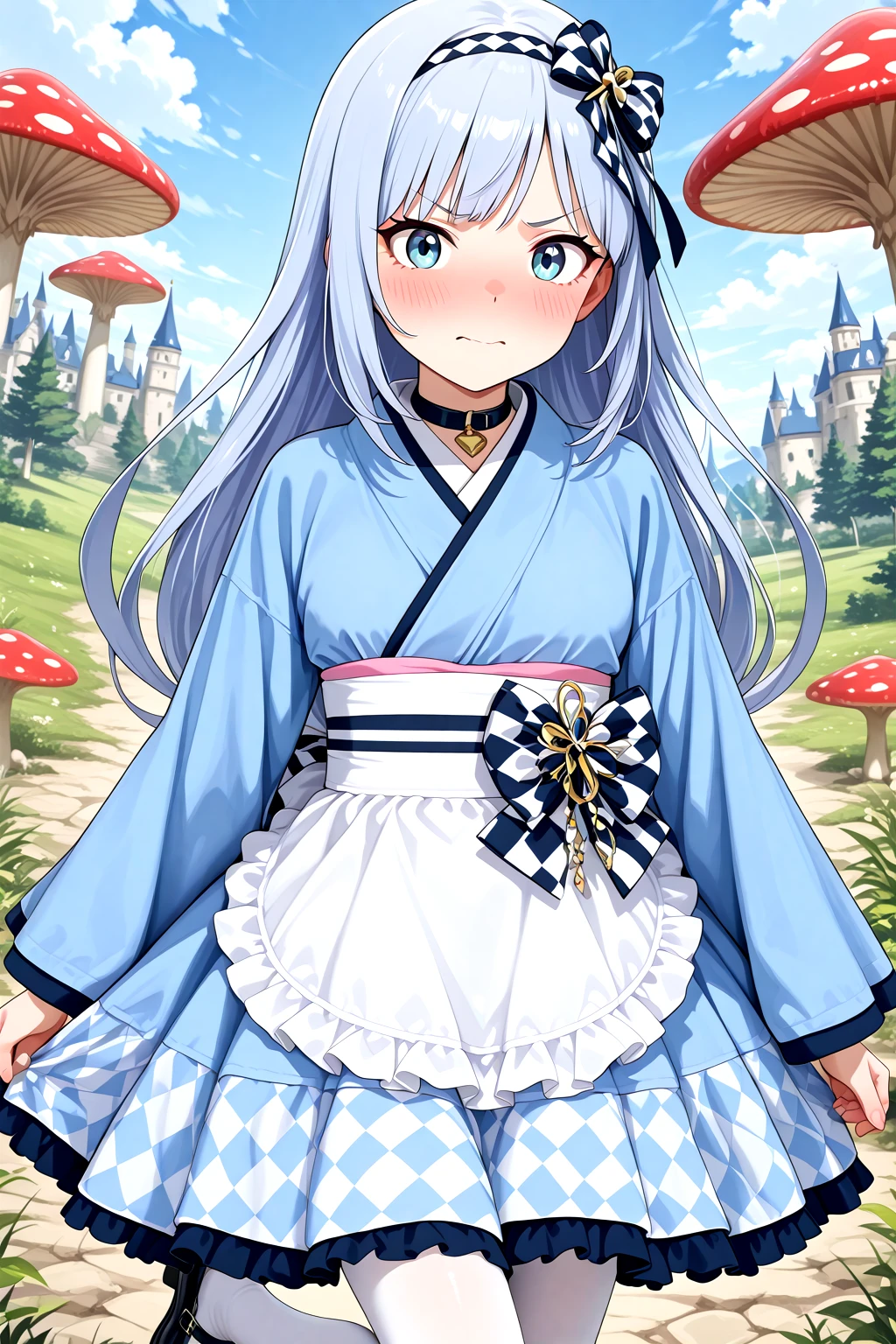 masterpiece, best quality, amazing quality, 1girl, solo, makeup, general, cowboy shot, looking at viewer, blush, dramatic angle, fantasy, castle, giant mushroom background, sky, standing on one leg, black mary janes, (black checkered ribbon hairband), embarrassed, angry, <lora:ç½ç³ç´¬:0.9>, Shiraishi Tsumugi, blue eyes, low-tied long hair, <lora:Alice_Cos_Kimono:1.1>, Alice_Cos_Kimono, long sleeves, checkered skirt, cosplay, blue dress, bow, japanese clothes, blue kimono, checkered bow, sleeves past wrists, sash, wide sleeves, choker, waist apron, white pantyhose, checkered dress, collar, back bow, <lora:wai-A3-V140:1>, <lora:illustrious_noobai_epsilon_pred_1_masterpieces_v1:1>