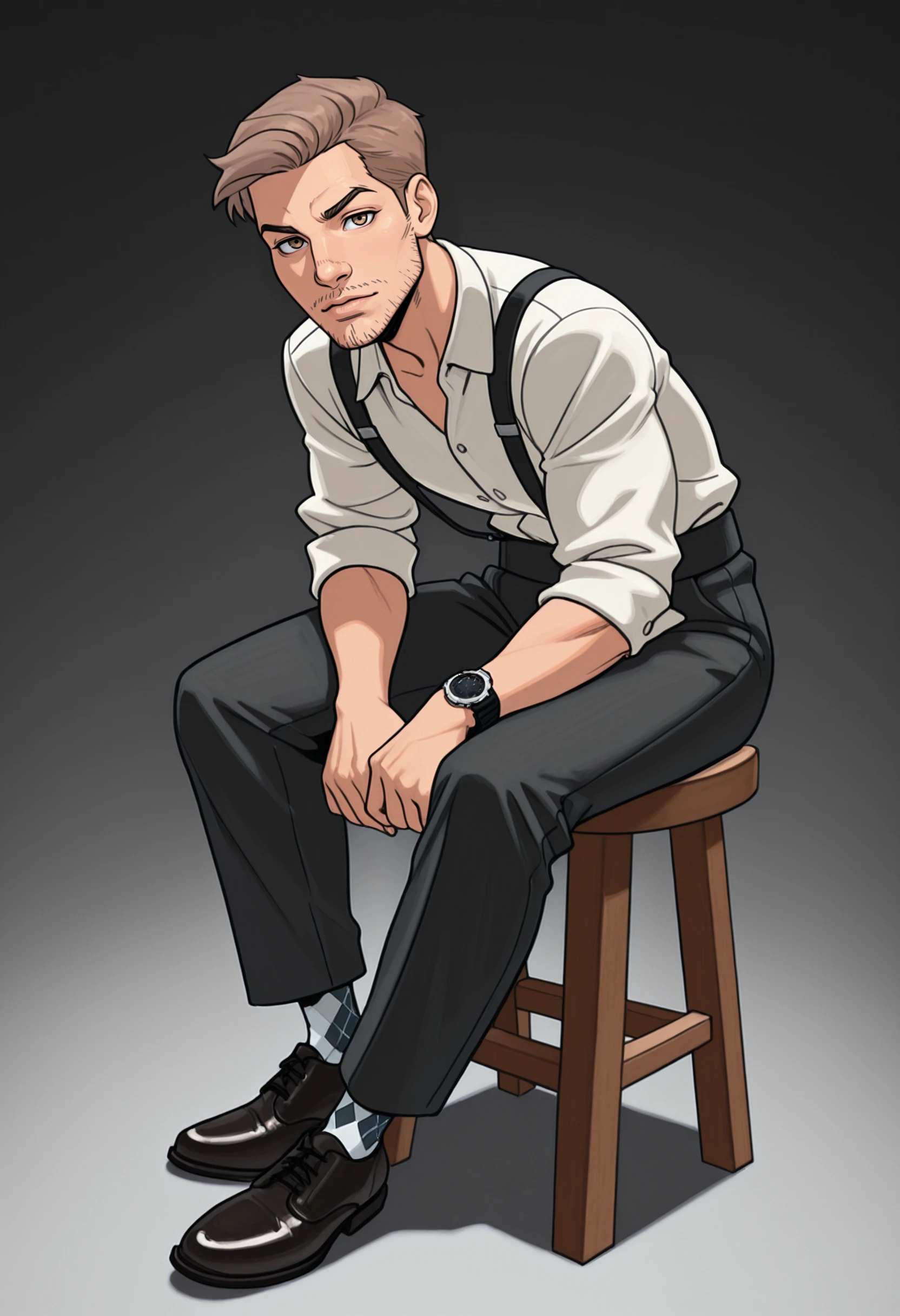 comicbook style,masterpiece,highres,grandiose, amazing angle, volumetric lighting, dynamic shadows, fashion photography,newest, 1man, gray eyes, light brown hair, swept bangs, very short hair, stubble, athletic, white button-up shirt, suspenders, black slacks, sitting, sitting on stool, leaning forward, rolled up sleeves, wristwatch, dynamic pose,looking at viewer, smoulder, face focus, full body, leather shoes,flat cap,argyle socks, <segment:face,0.6,0.5//cid=11>highly detailed, male, stubble