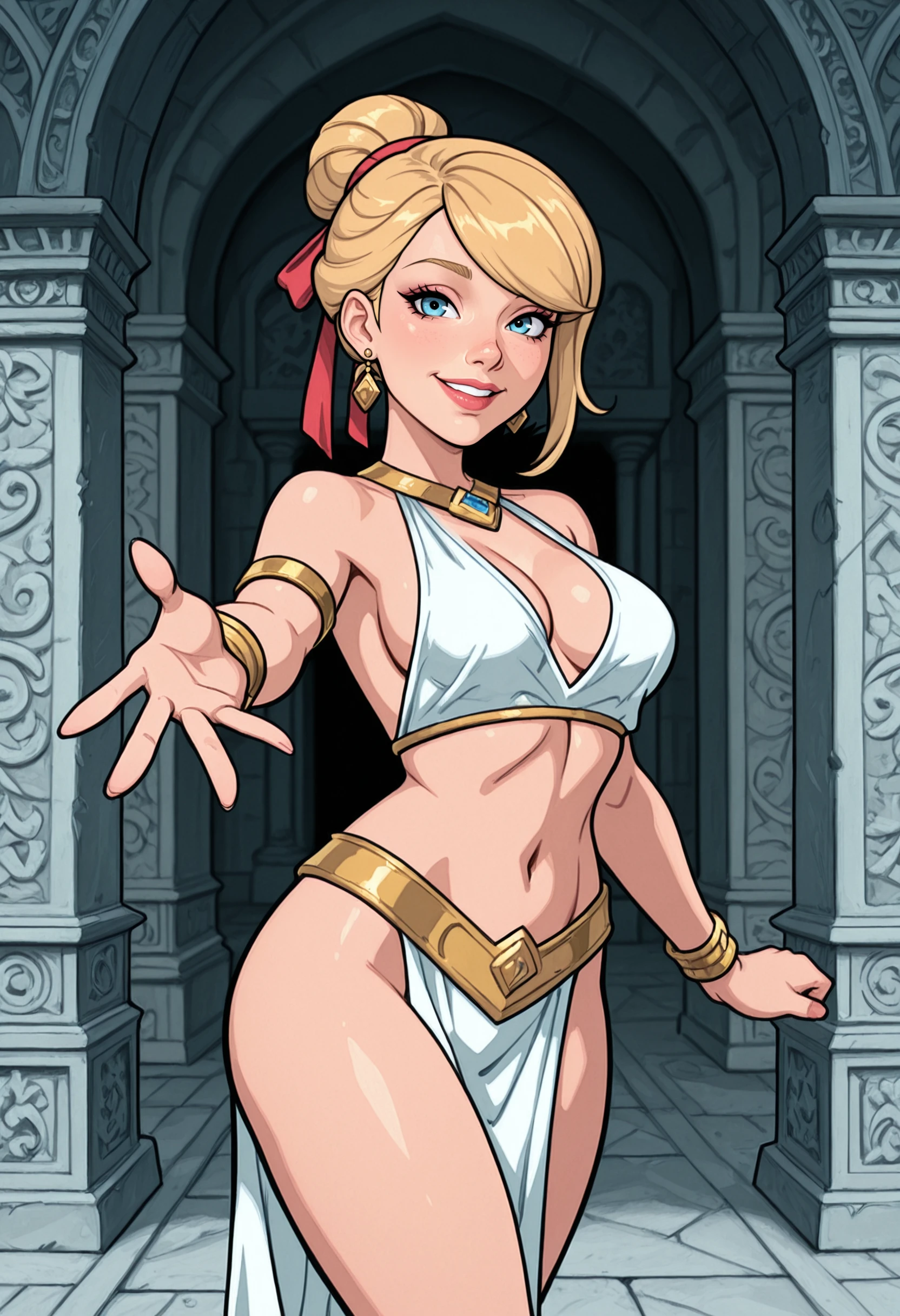 comicbook style,Masterpiece, best quality, inside, fantasy shrine, european architecture, stonework, ancient temple, ornate marble, wall patterns, 1girl, single hair bun, blonde hair, swept bangs, hair ribbon, harem outfit, white breast curtain, white pelvic curtain, gold belt, jewelry, navel,sideboob, cleavage, medium breasts, blue eyes, detailed eyes, looking at viewer, smile, open mouth, reaching out, <segment:face,0.6,0.5//cid=11>highly detailed, smile