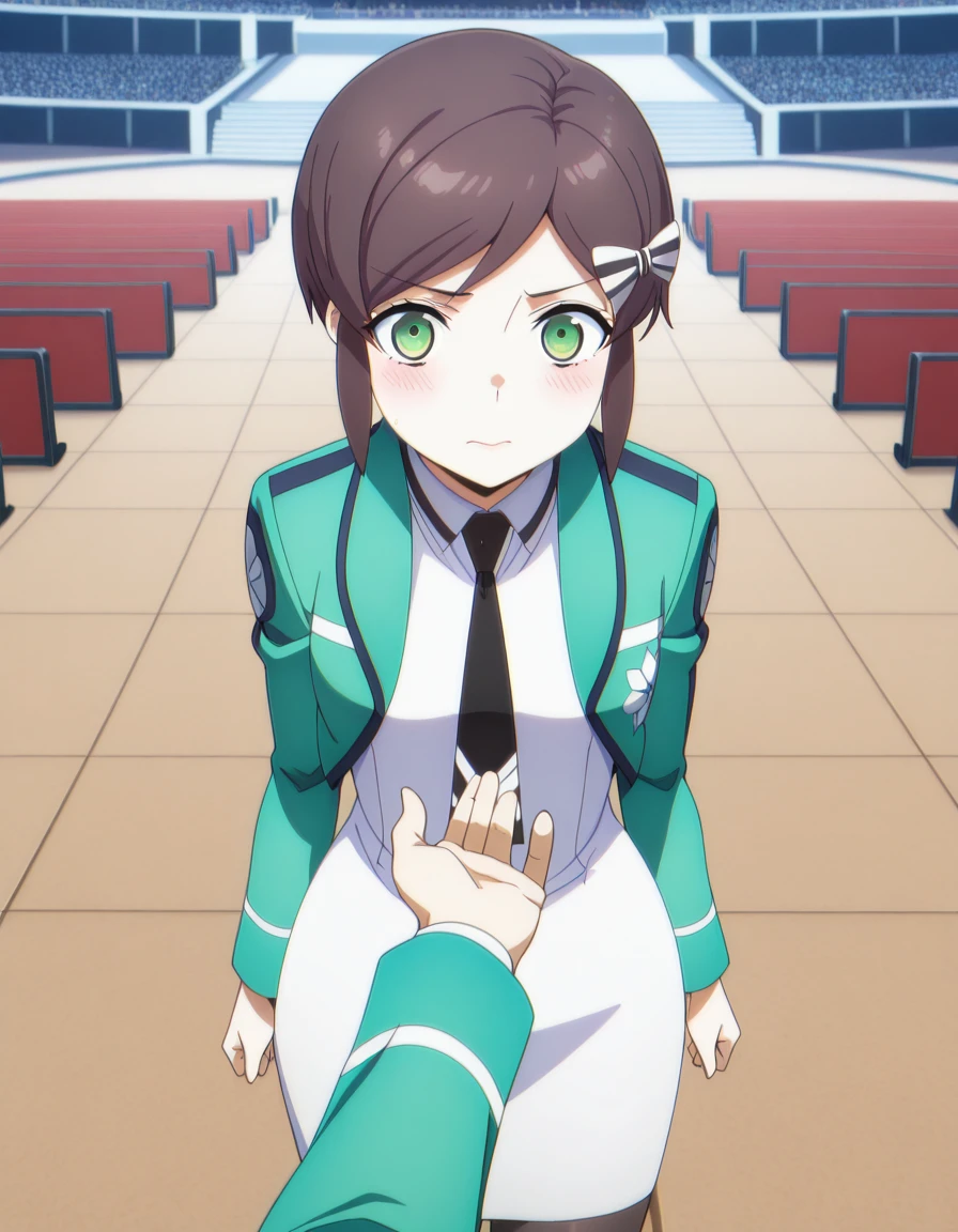 masterpiece, best quality, amazing quality,, <lora:kasumi-saegusa-s3-illustriousxl-lora-nochekaiser:1>, kasumi saegusa, short hair, brown hair, bow, green eyes, hair bow, mature female, small breasts, anime screencap, dress, jacket, pantyhose, necktie, white dress, black necktie, green jacket, <lora:stroking-anothers-chin-pov-illustriousxl-lora-nochekaiser:1>, stroking another's chin pov, stronking another's chin, pov, pov hands, blush,, amphitheater, seats, outdoor, stage, large, cowboy shot, solo, looking at viewer,