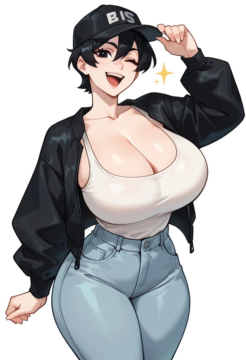 highres, 1girl, (tall female), (long legs:0.4), black hair, short hair, [hair between eyes], black eyes, (thick eyebrows:0.5), large breasts, huge breasts, [[curvy]], baseball cap, black cap, black jacket, puffy long sleeves, white tank top, collarbone, cleavage, jeans, denim pants, white background, cowboy shot, looking at viewer, hat tip, open smile, wink