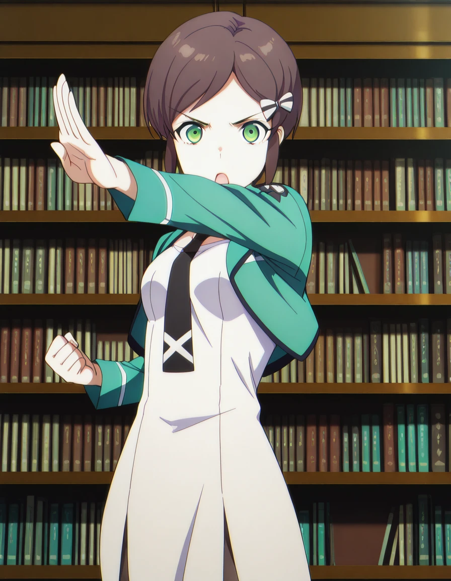 masterpiece, best quality, amazing quality,, <lora:kasumi-saegusa-s3-illustriousxl-lora-nochekaiser:1>, kasumi saegusa, short hair, brown hair, bow, green eyes, hair bow, mature female, small breasts, anime screencap, dress, jacket, pantyhose, necktie, white dress, black necktie, green jacket, <lora:henshin-pose-illustriousxl-lora-nochekaiser:1>, henshin pose, solo, looking at viewer, clenched hand, hands up, serious, open mouth, cowboy shot,, library, books, shelves, reading, quiet, cowboy shot, solo, looking at viewer,