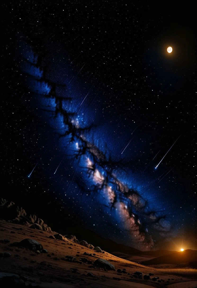masterpiece, best quality, cool lighting, limited palette, scenery, calm, no human, sunbeam,4s1ndc, night, sky, milky way, shooting star, half moon