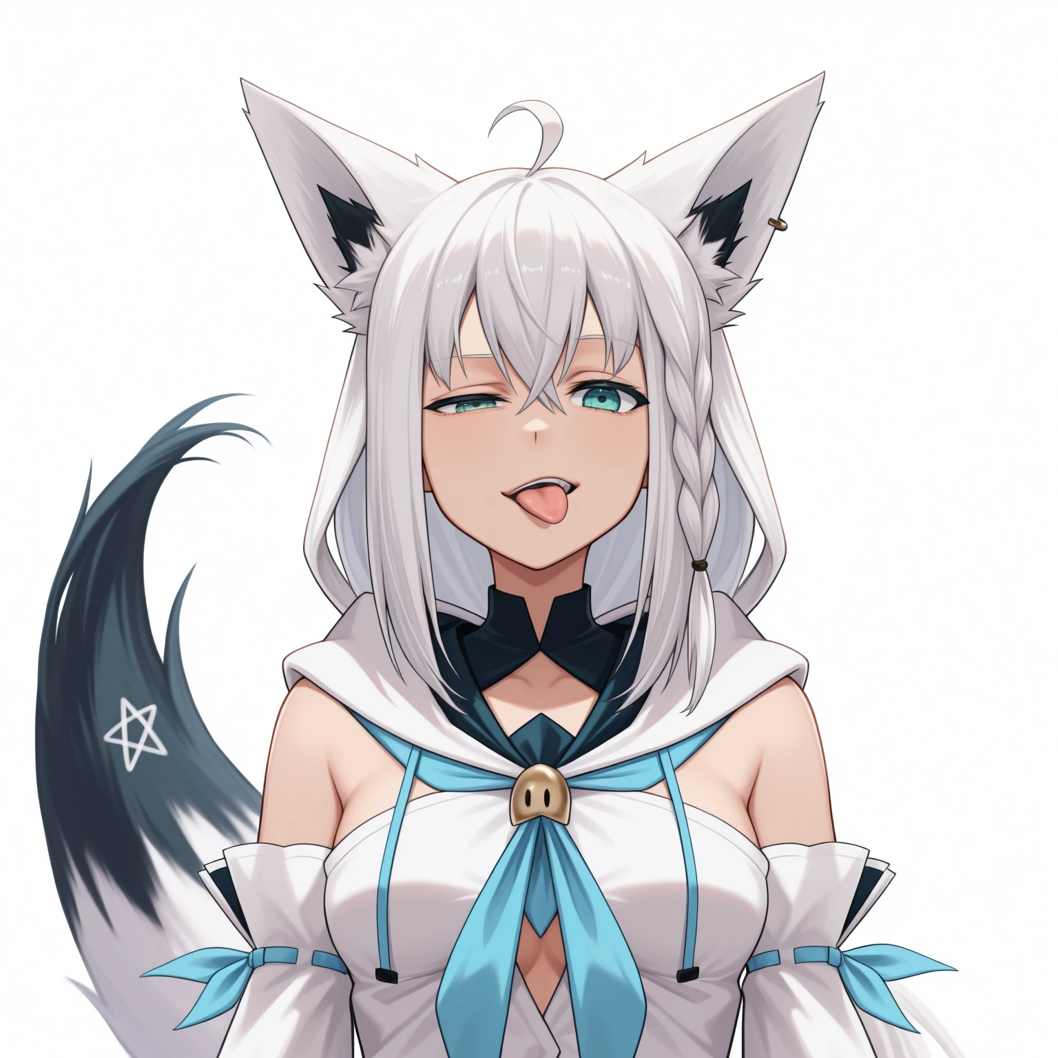 tongue out, uneven eyes, half-closed eye, looking at viewer, straight-on, simple background, white background, <lora:rigby_the_cat_(meme)-000008v3:1> <lora:fubuki_10outfits_illustrious_v2:1> fbk_base, white blouse, detached sleeves, blue neckerchief, side braid, fox tail, upper body,