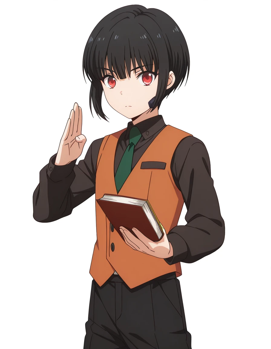 masterpiece, best quality, amazing quality,, <lora:fumiya-kuroba-s2-illustriousxl-lora-nochekaiser:1>, fumiya kuroba, black hair, red eyes, short hair, anime screencap, shirt, male focus, necktie, pants, vest, black shirt, black pants, green necktie,, <lora:kung-fu-illustriousxl-lora-nochekaiser:1>, kung fu, martial arts, training, fighting stance, cowboy shot, hand up, bookstore, browsing shelves, new book smell, finding a favorite, quiet atmosphere, cowboy shot, solo, looking at viewer, <lora:transparent-background-illustriousxl-lora-nochekaiser:1>, transparent background, simple background, white background