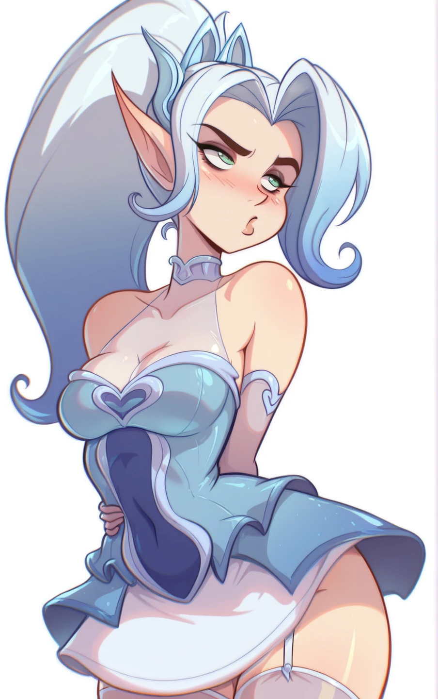 (masterpiece:1.2), best quality, amazing quality, absurdres,
hips, sexy, sexy, horny, <lora:CR_zyra-e100_s1200:1> CR_Zyra, long hair, white hair, icy blue hair, green eyes, eif ears, blue dress, white skirt, translucent details, sleves, stockings, bare shoulders, <lora:Psycoyote_Style_LoRAs:1.3> p5yc0y0t3,